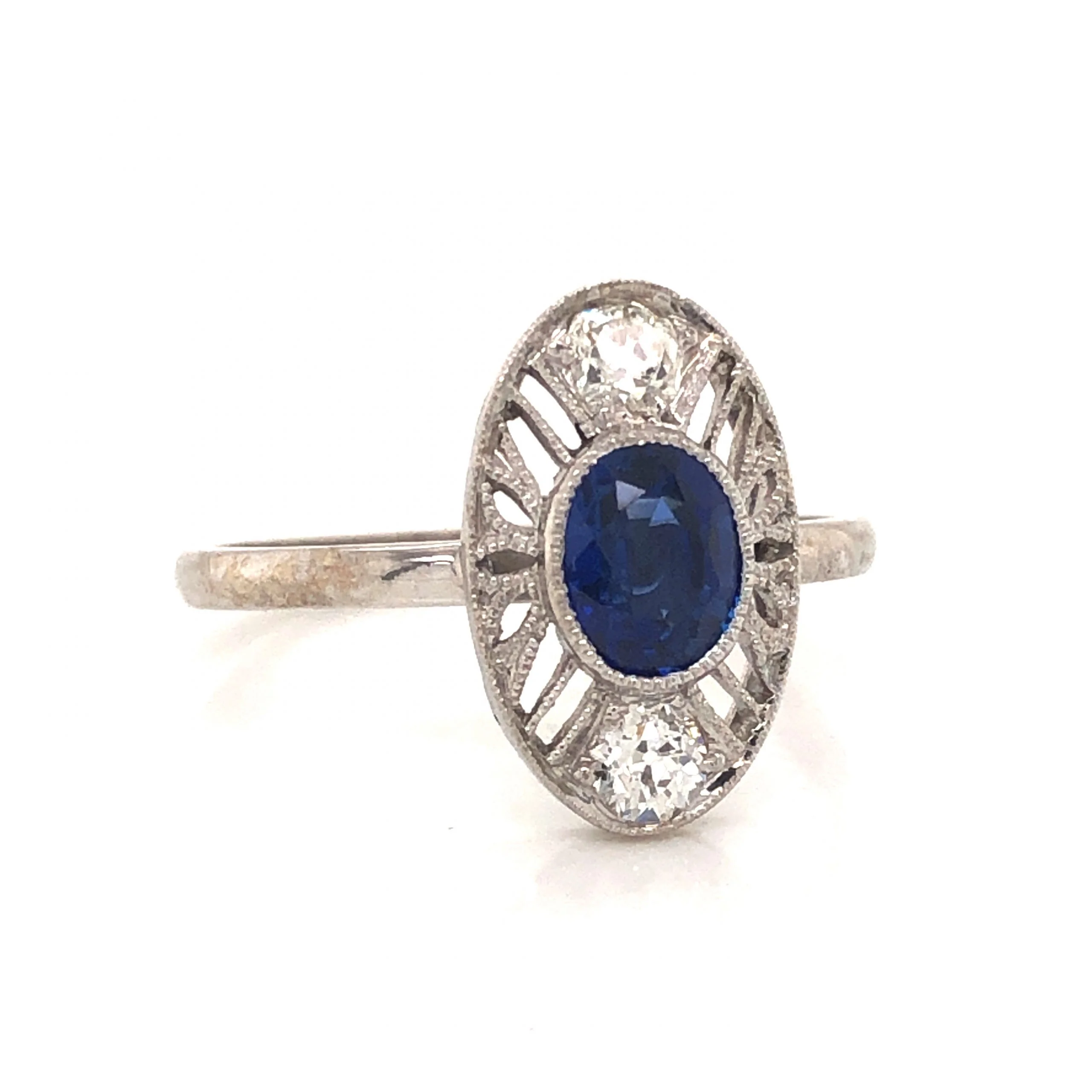 Oval Art Deco Sapphire & Diamond Ring in 14k & Platinum - Image 3