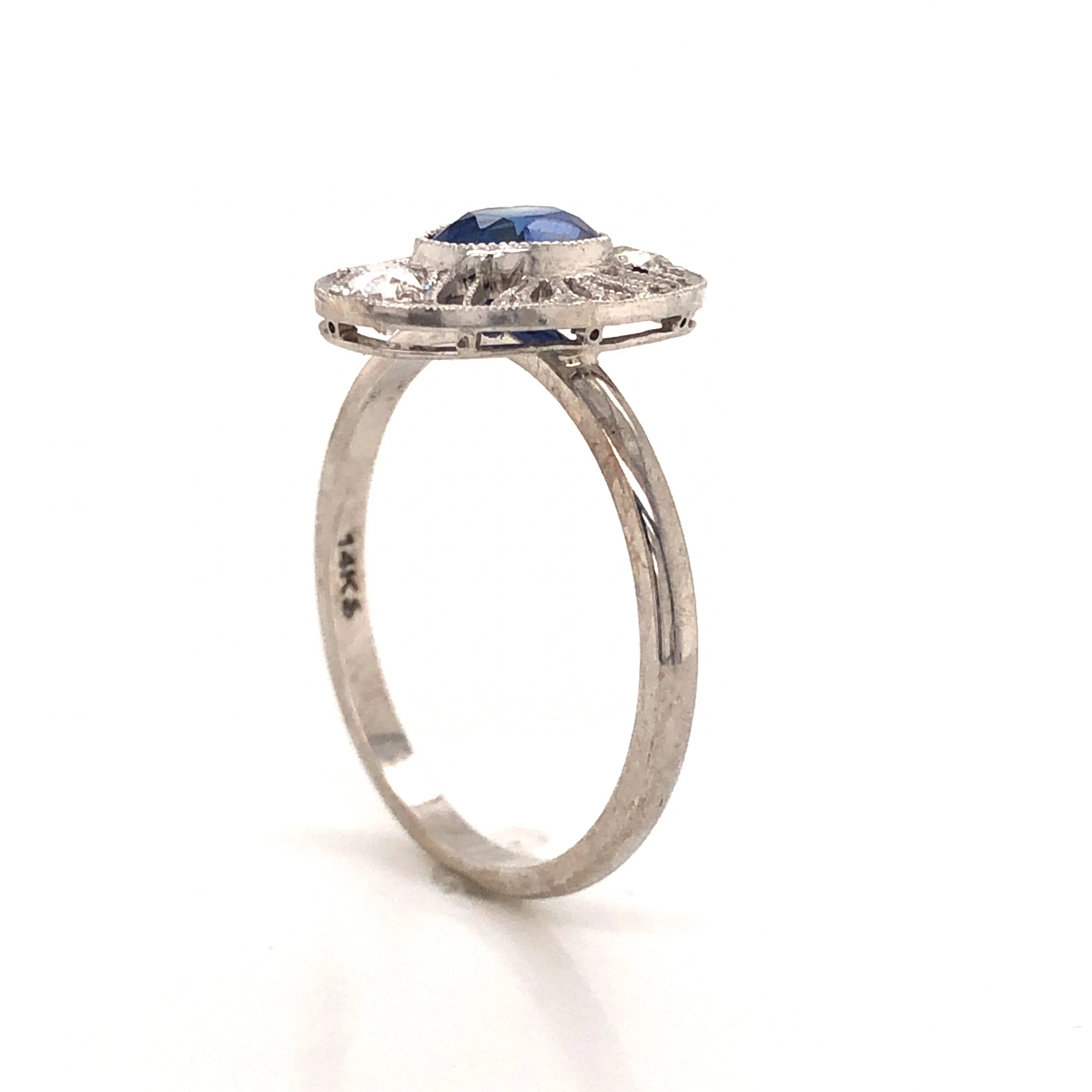 Oval Art Deco Sapphire & Diamond Ring in 14k & Platinum - Image 4