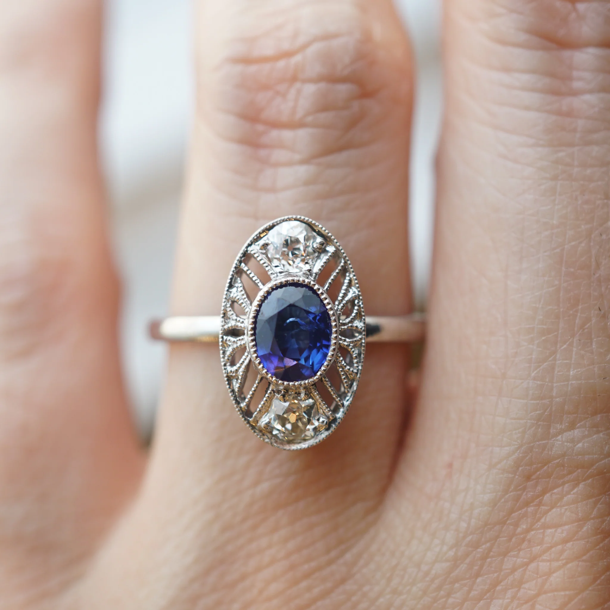 Oval Art Deco Sapphire & Diamond Ring in 14k & Platinum - Image 5