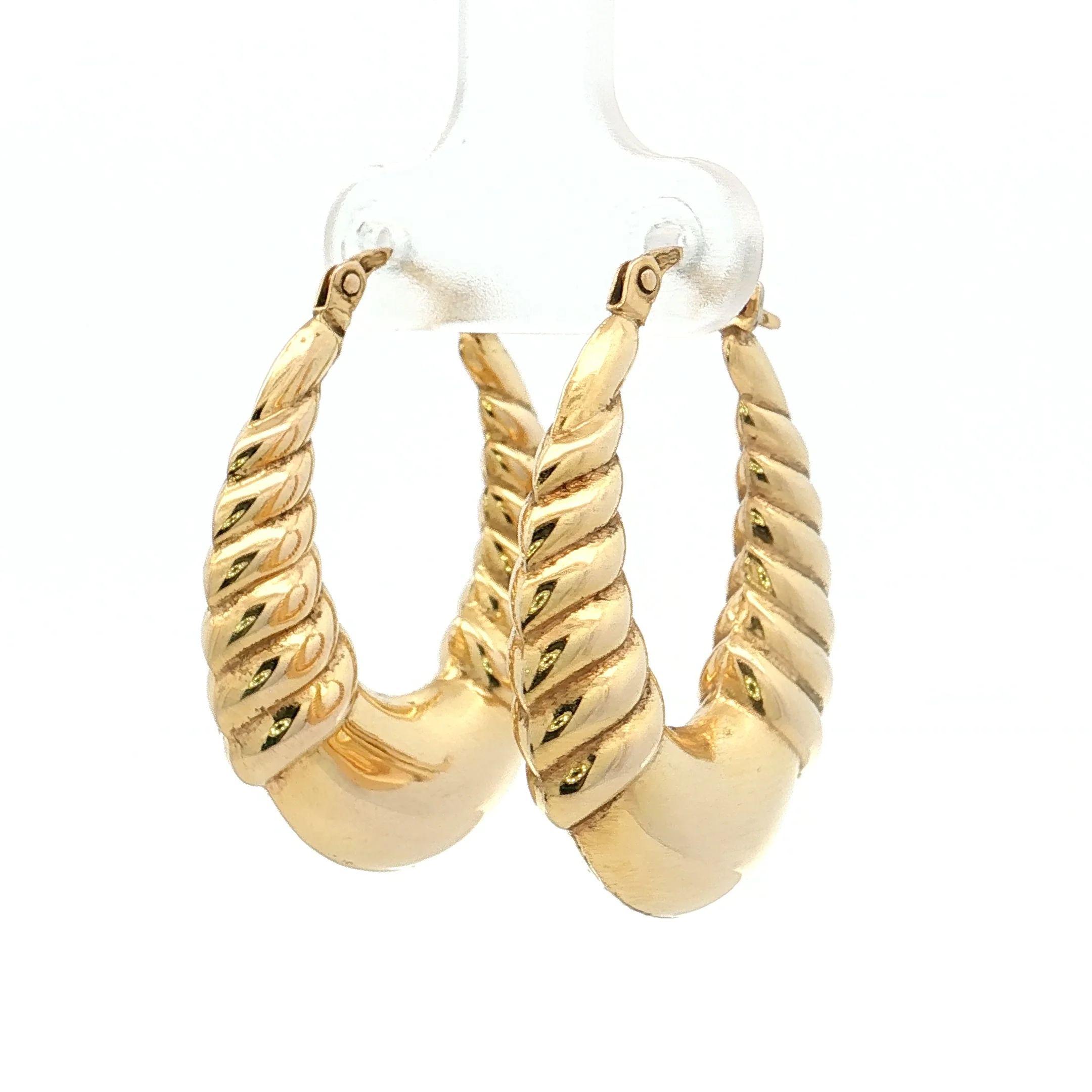 Oval Bubble Ridged Hoop Earrings 14k Yellow Gold - Image 2