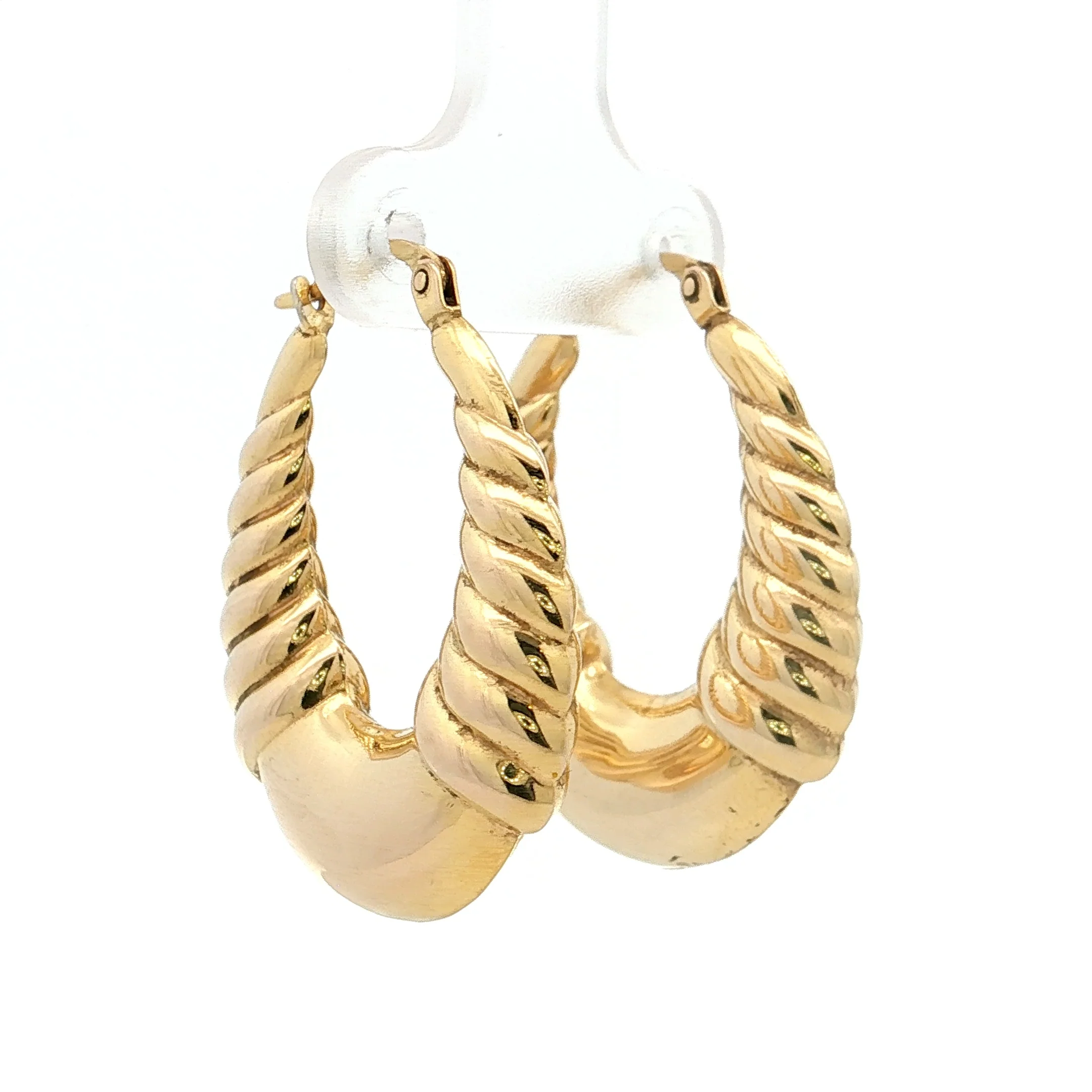 Oval Bubble Ridged Hoop Earrings 14k Yellow Gold - Image 3