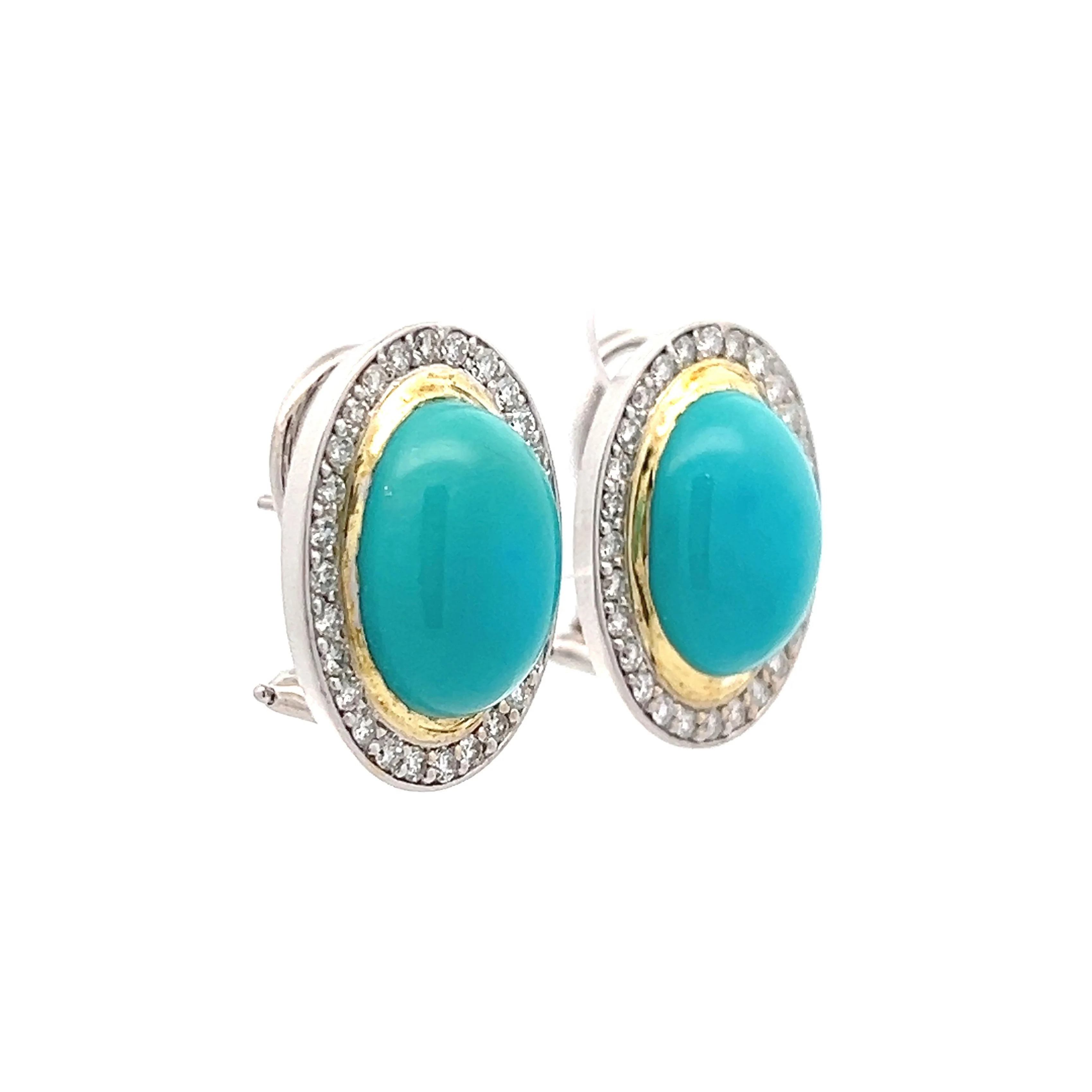 Oval Cabochon Turquoise & Diamond Earrings in 18k - Image 3