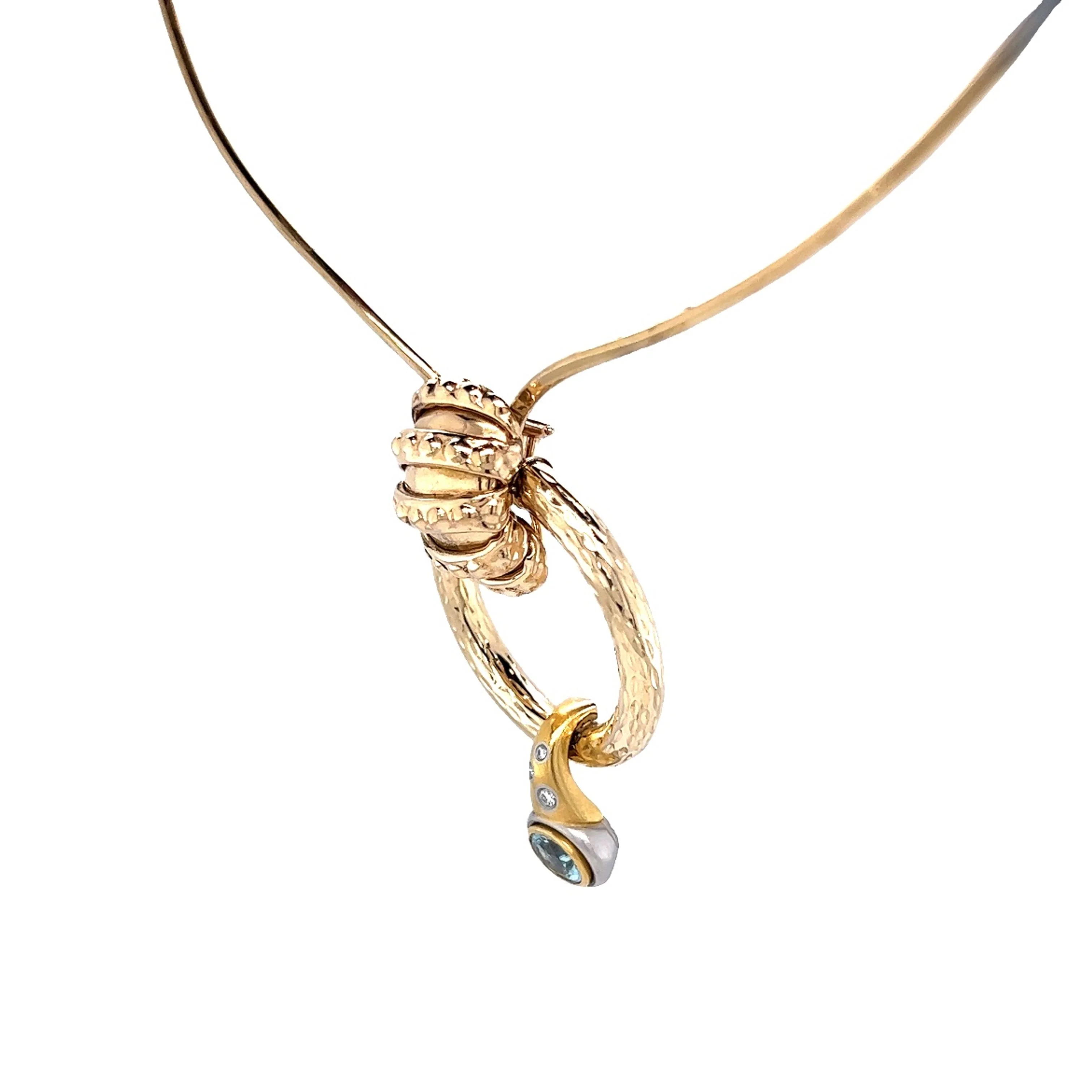 Oval Cut Aquamarine & Diamond Necklace in Platinum & Yellow Gold by Stephanie Lake Design - Image 2
