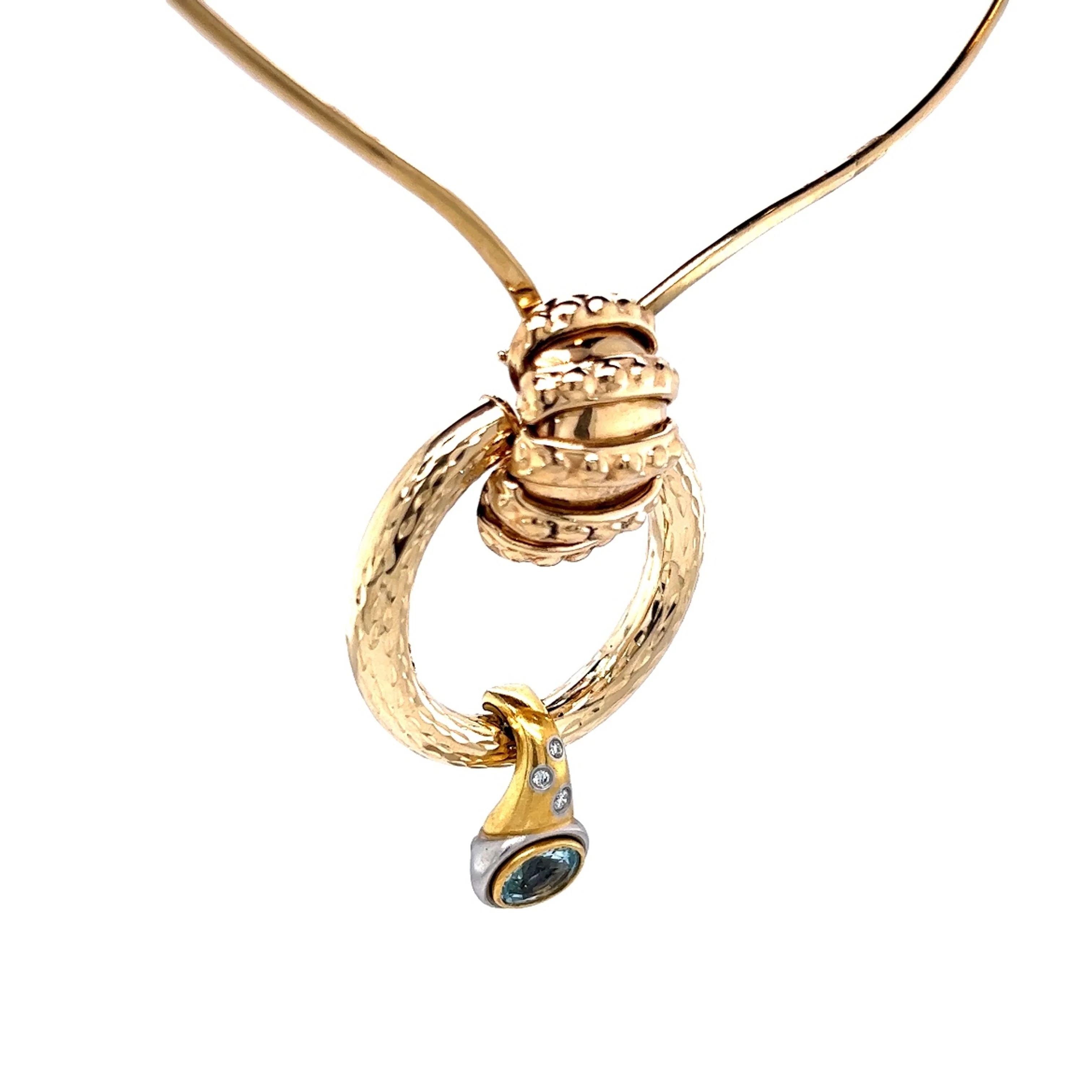 Oval Cut Aquamarine & Diamond Necklace in Platinum & Yellow Gold by Stephanie Lake Design - Image 3