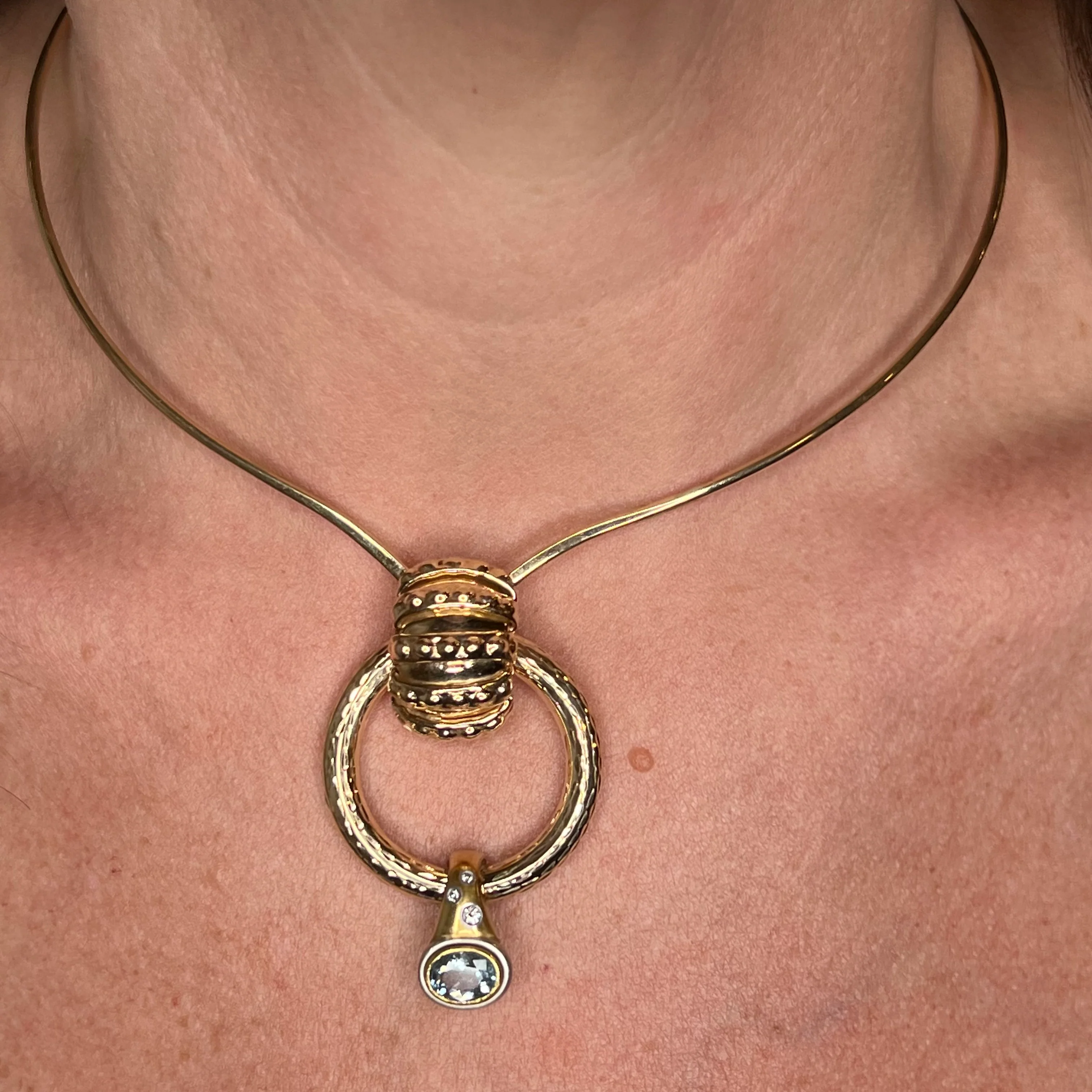 Oval Cut Aquamarine & Diamond Necklace in Platinum & Yellow Gold by Stephanie Lake Design - Image 4