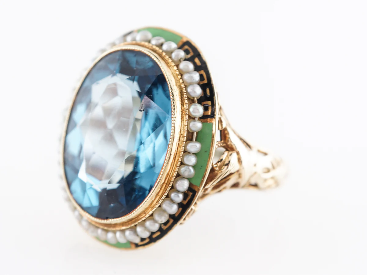 Oval Cut Blue Topaz Cocktail Ring in 14k Yellow Gold - Image 2