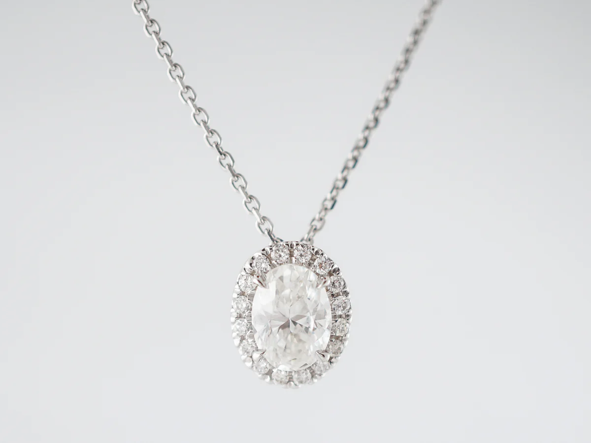 Oval Cut Diamond Halo Pendant in 18k White Gold - Image 2