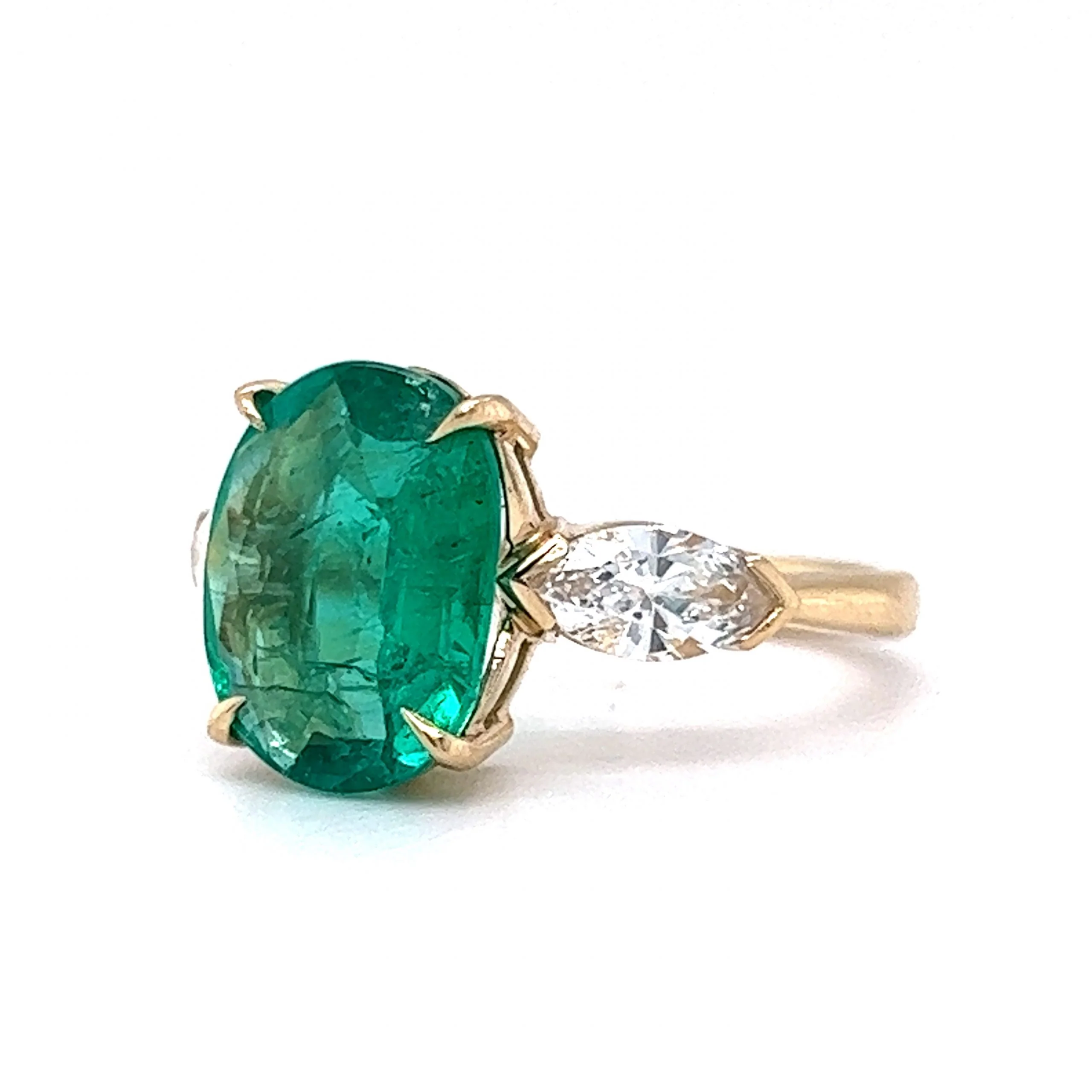 3.01 Oval Cut Emerald & Marquise Diamond Ring in 14k Yellow Gold - Image 2
