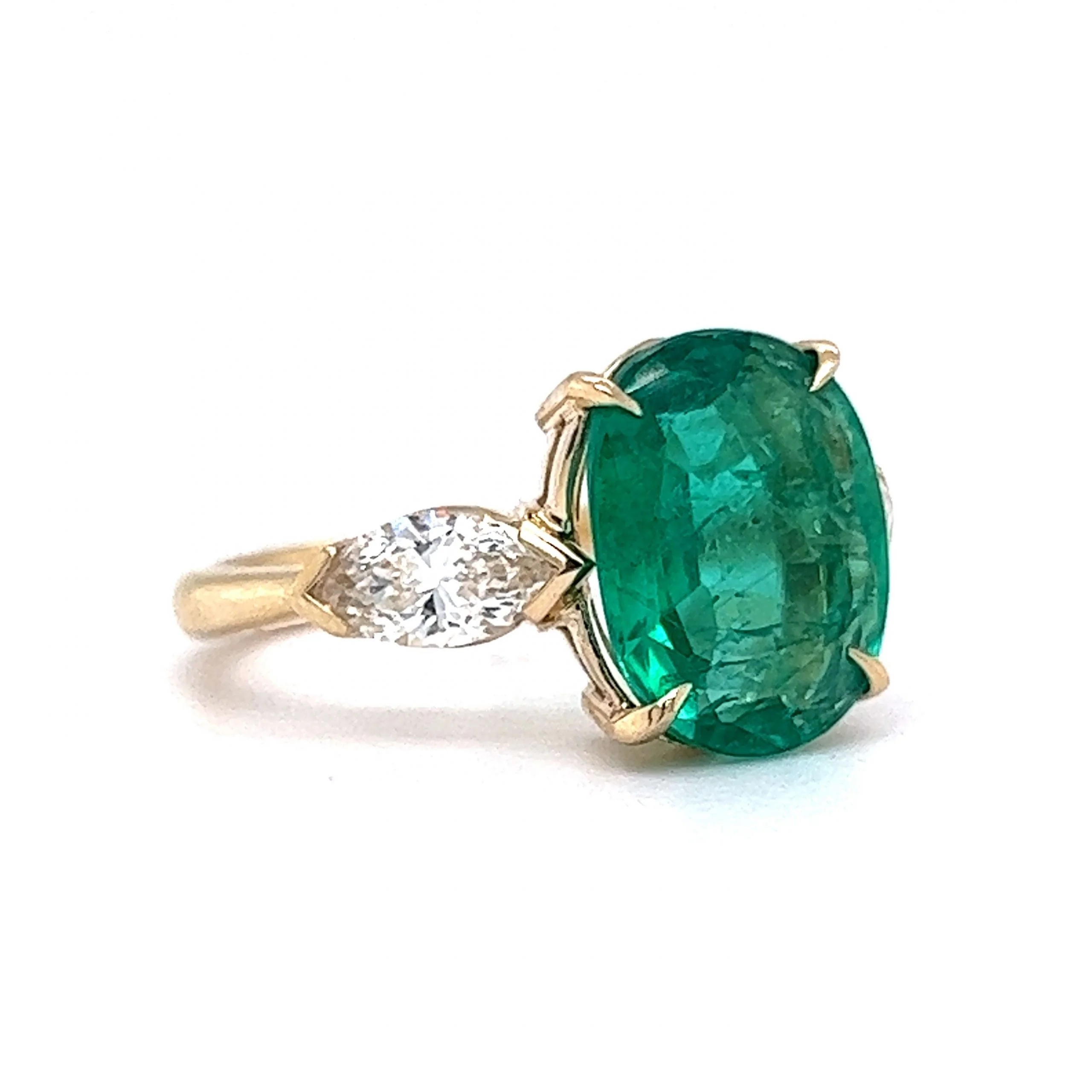 3.01 Oval Cut Emerald & Marquise Diamond Ring in 14k Yellow Gold - Image 3