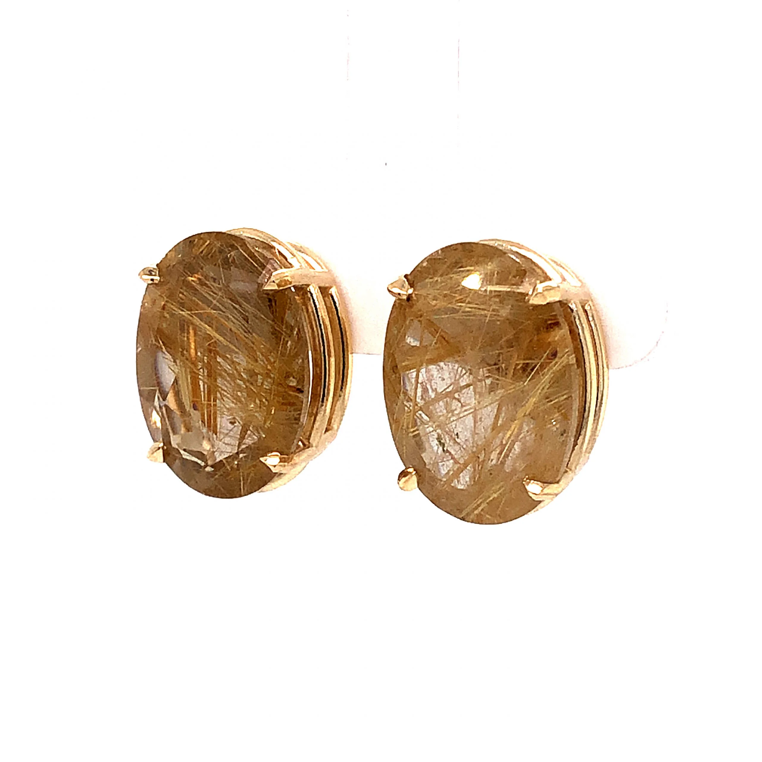 Oval Cut Rutilated Quartz Stud Earrings in 14k Yellow Gold - Image 2