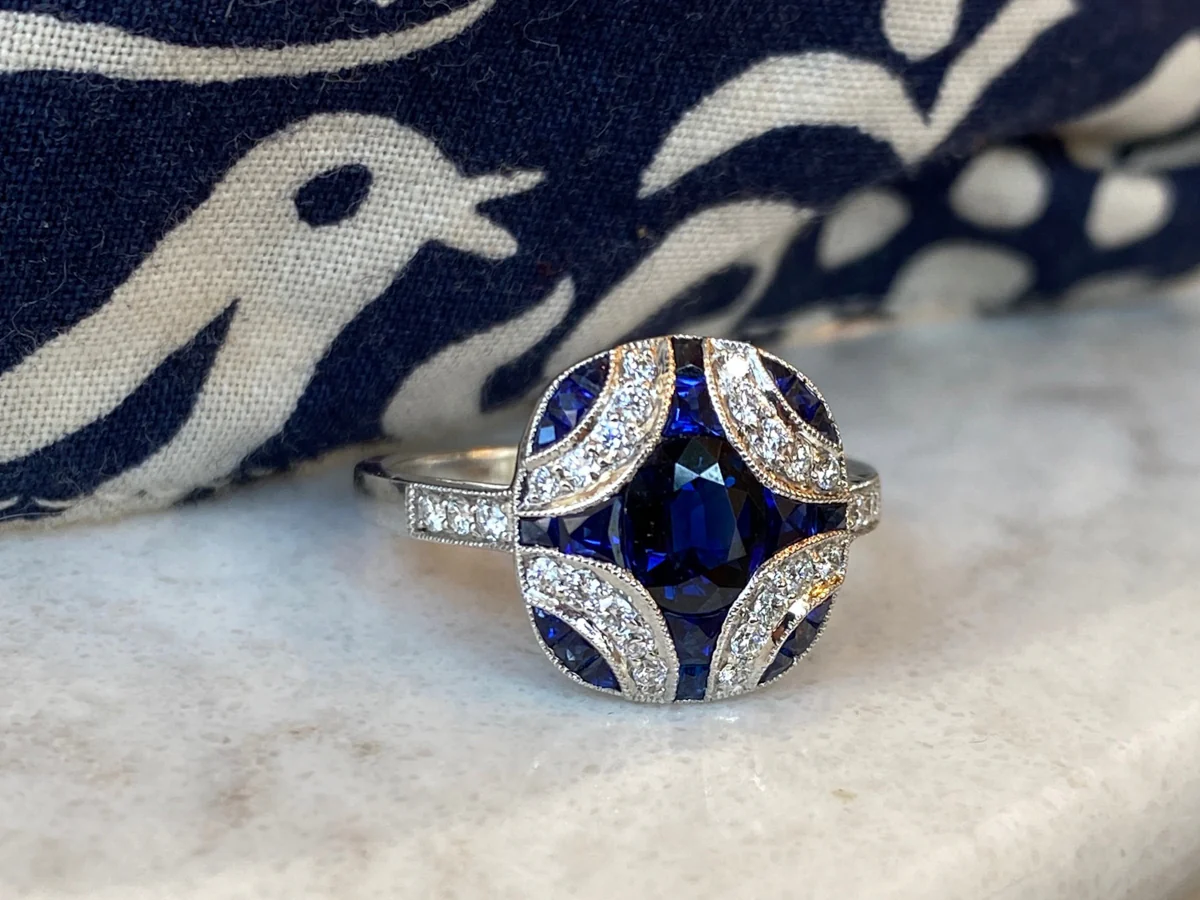 Oval Cut Sapphire Cocktail Ring w/ Diamonds in Platinum - Image 5