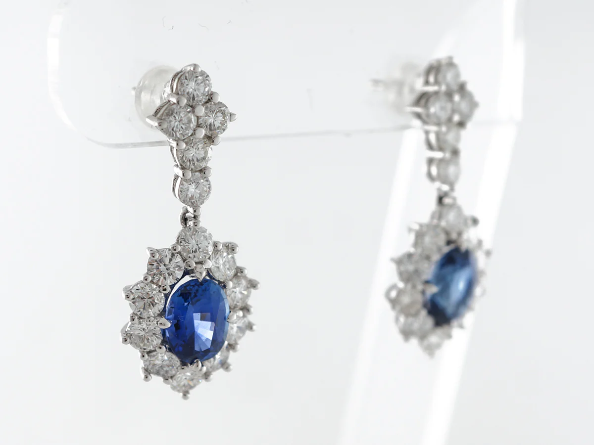 Oval Cut Sapphire & Diamond Drop Earrings in White Gold - Image 2