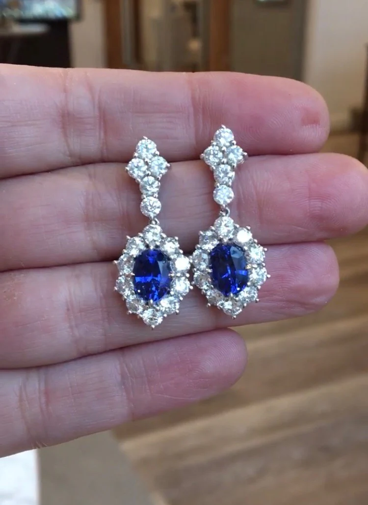 Oval Cut Sapphire & Diamond Drop Earrings in White Gold - Image 5