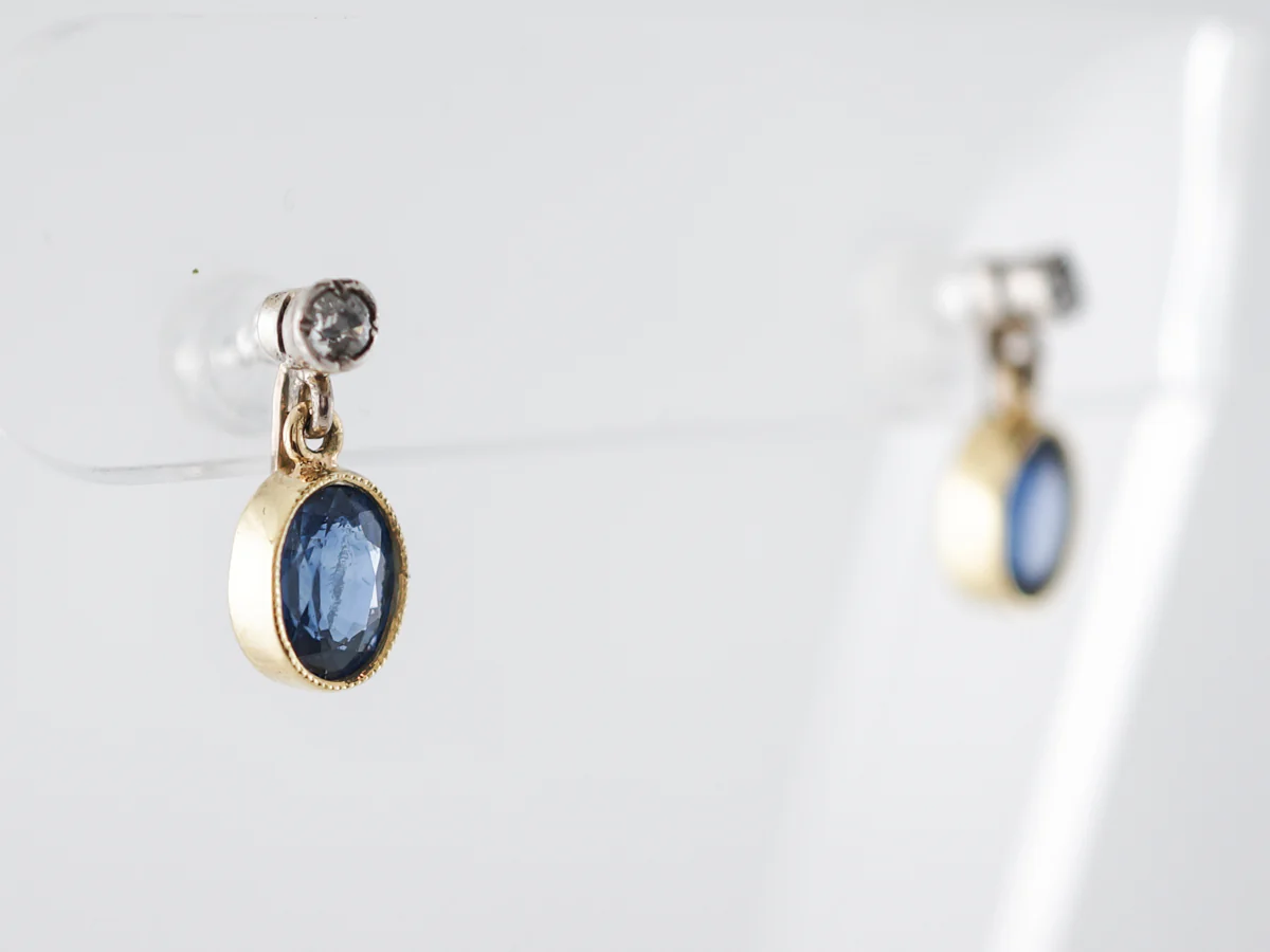 Oval Cut Sapphire Earrings w/ Diamonds in Yellow Gold - Image 2