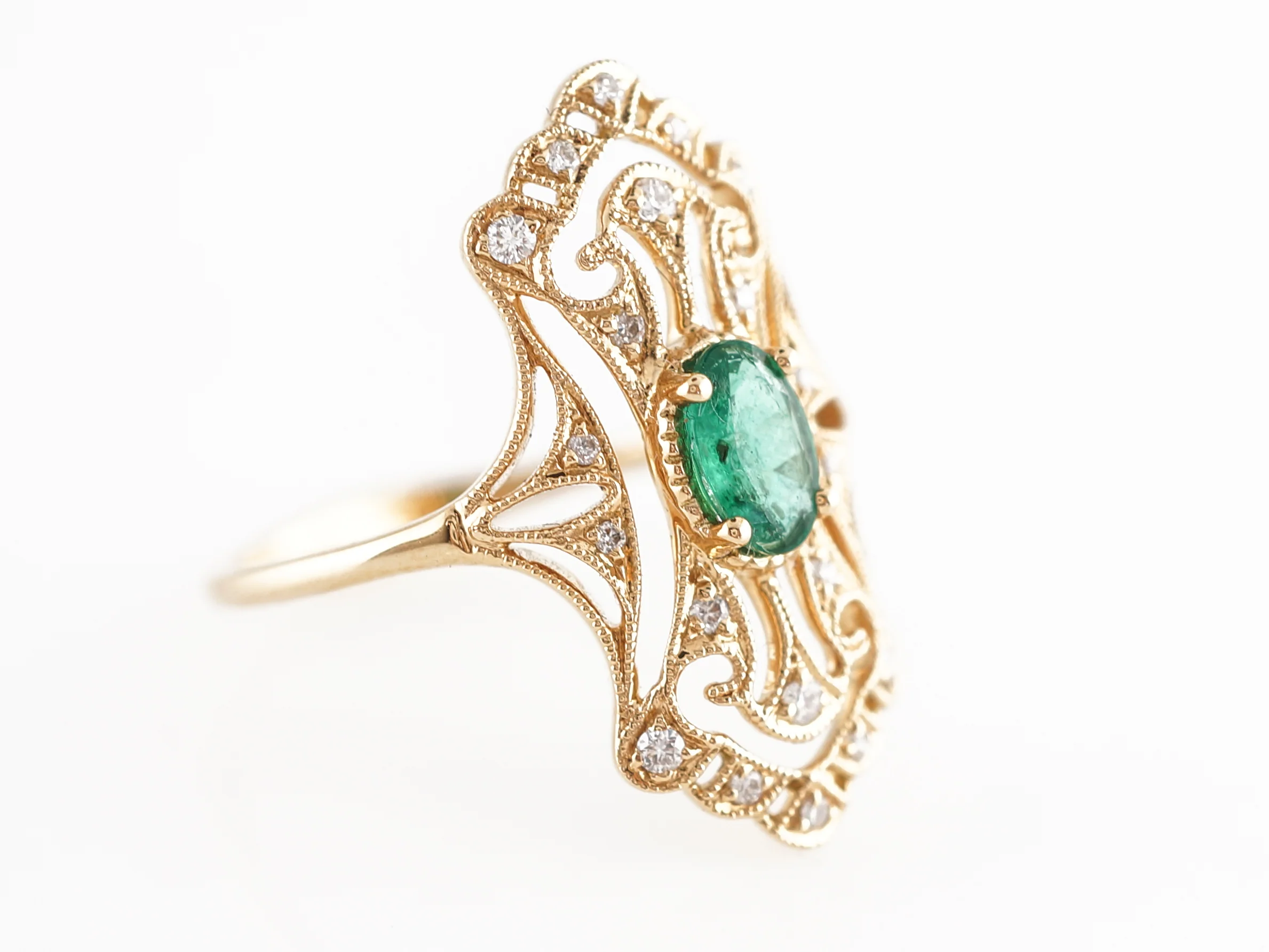 Oval Emerald Cocktail Ring w/ Diamond Accents in 18K - Image 3