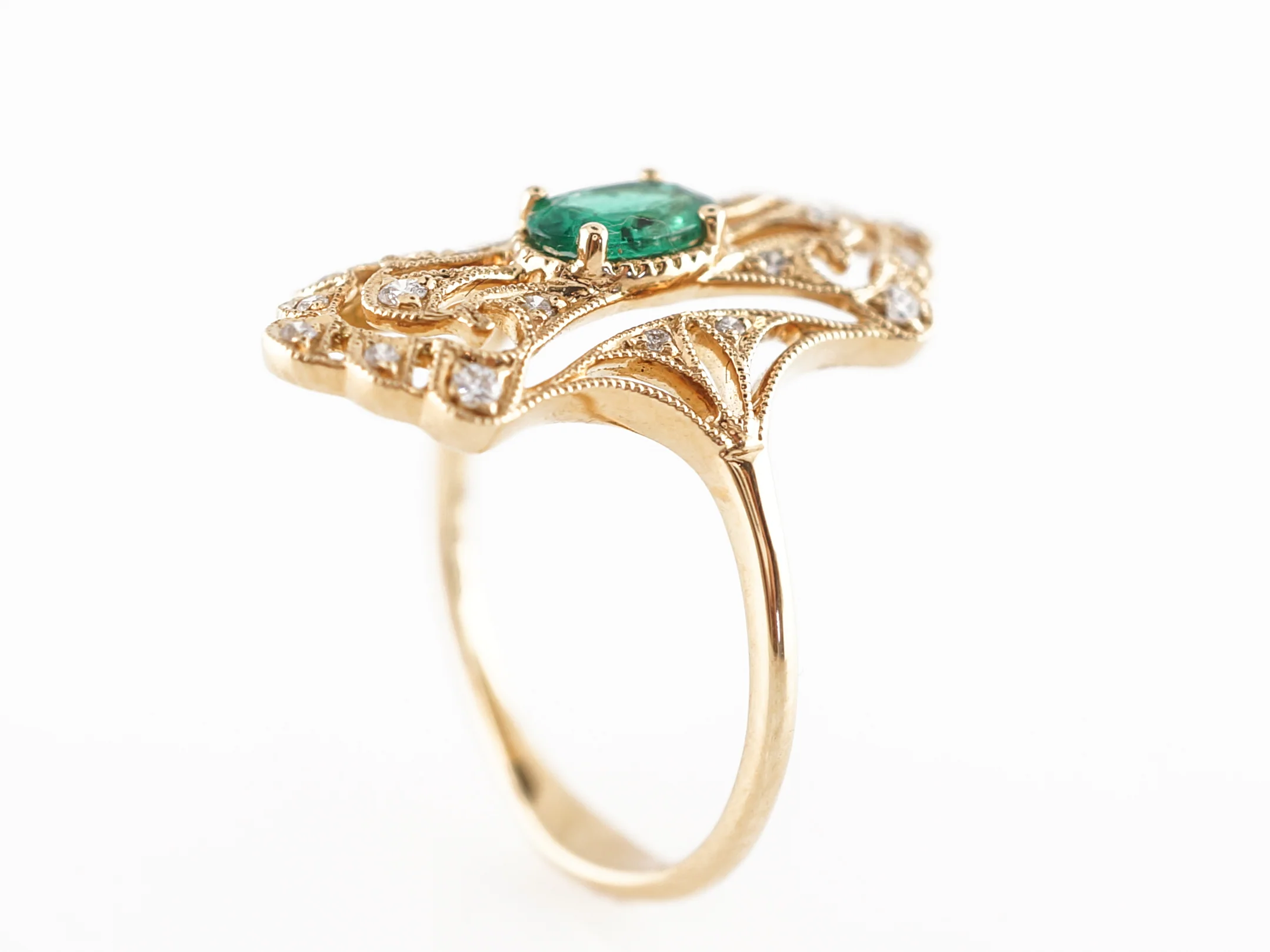 Oval Emerald Cocktail Ring w/ Diamond Accents in 18K - Image 4