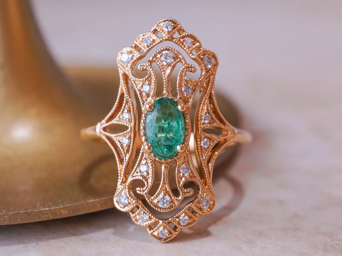 Oval Emerald Cocktail Ring w/ Diamond Accents in 18K - Image 5