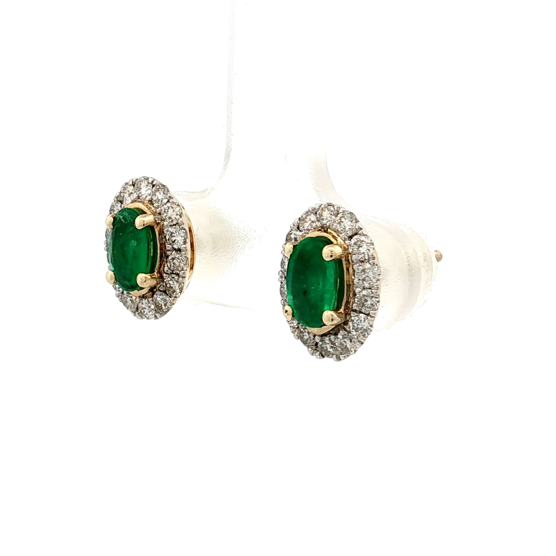 Oval Emerald & Diamond Halo Stud Earrings 14k - Image 2