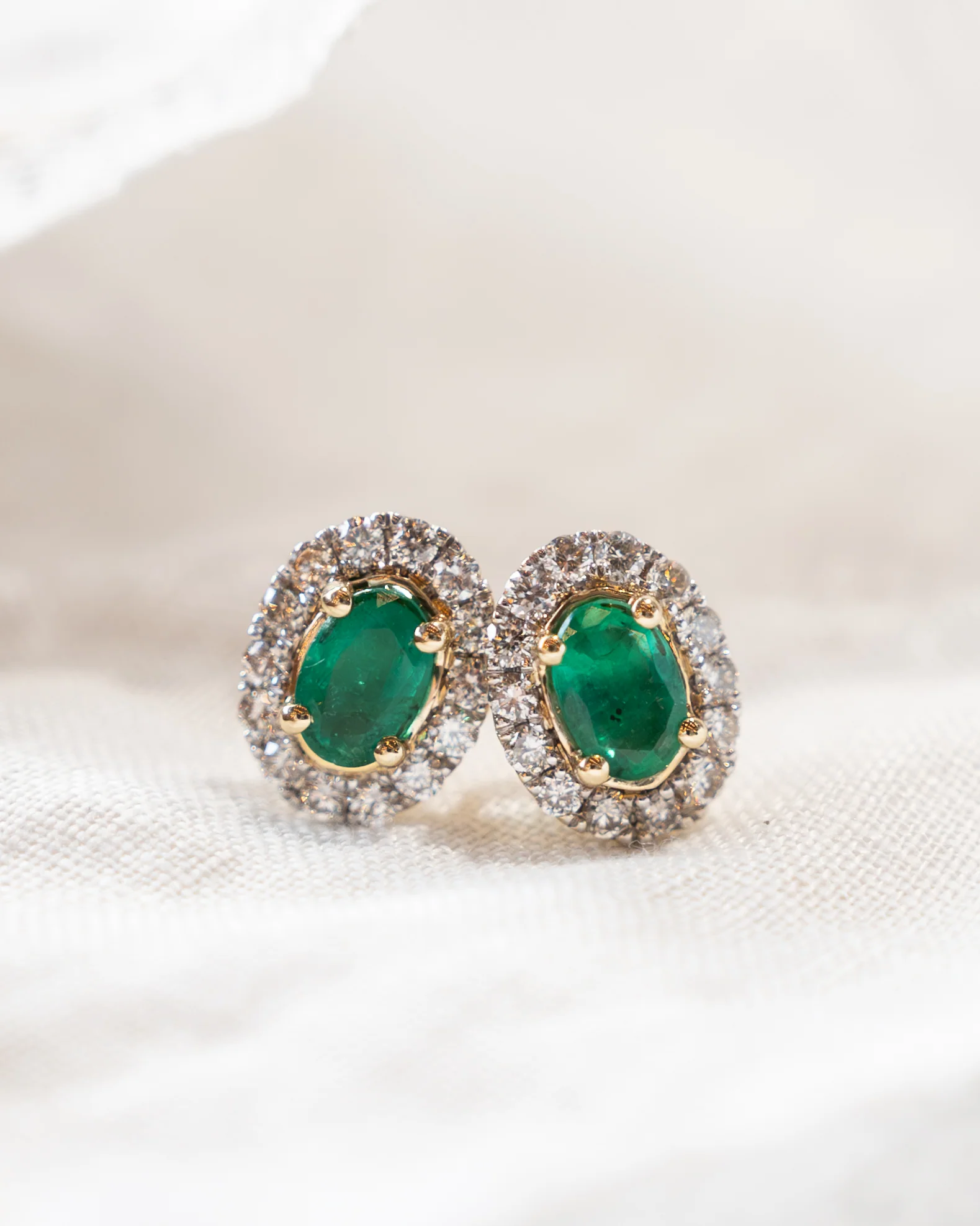 Oval Emerald & Diamond Halo Stud Earrings 14k - Image 4