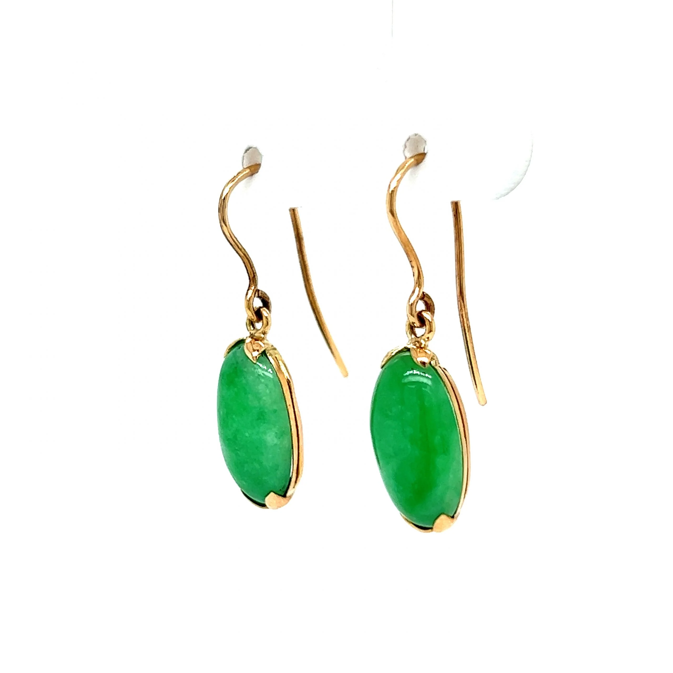 Oval Jade Drop Earrings in 14k Yellow Gold - Image 2