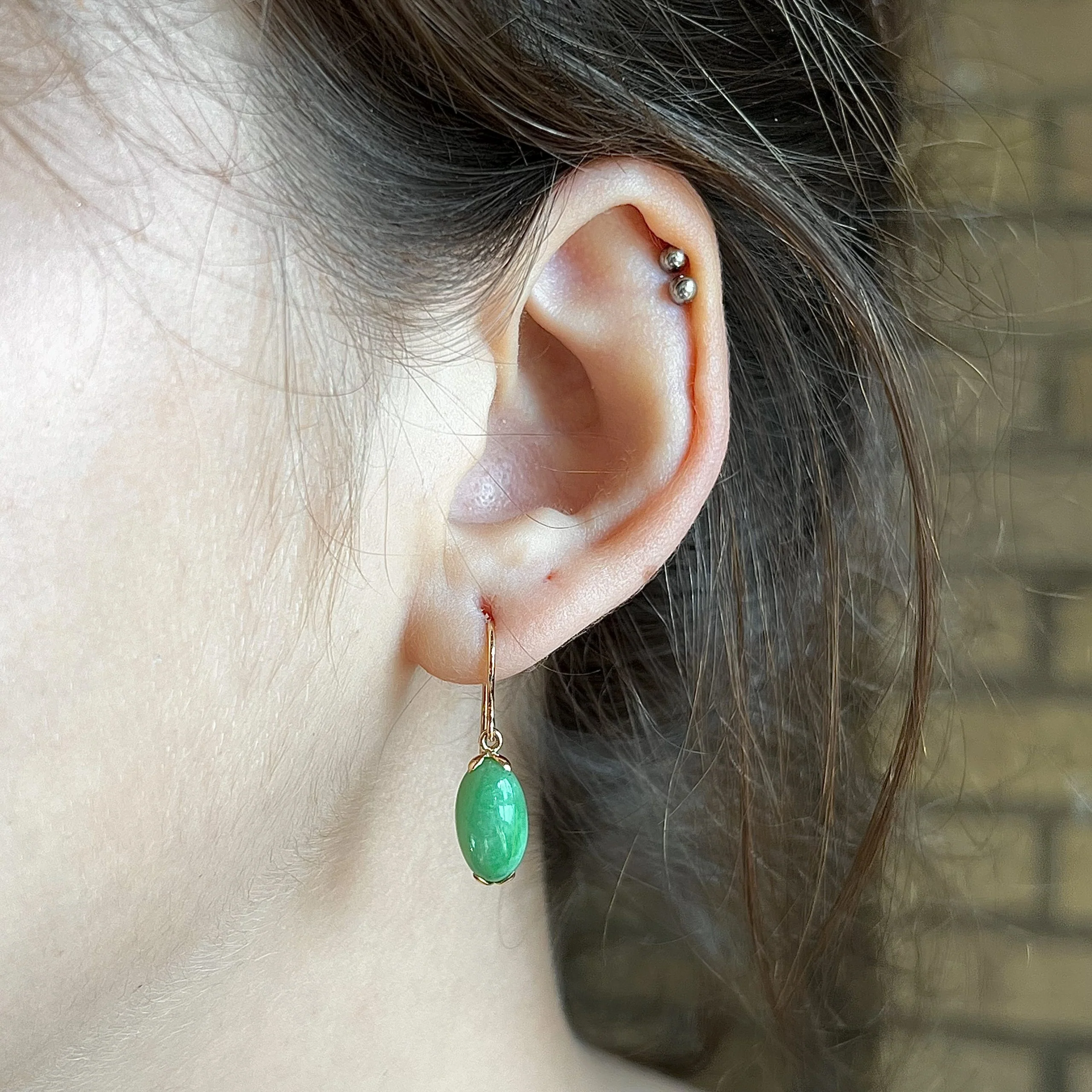 Oval Jade Drop Earrings in 14k Yellow Gold - Image 4
