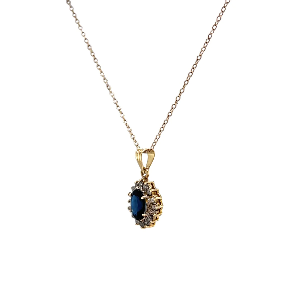 Oval Sapphire & Diamond Ballerina Halo Necklace in 14k Yellow Gold - Image 2
