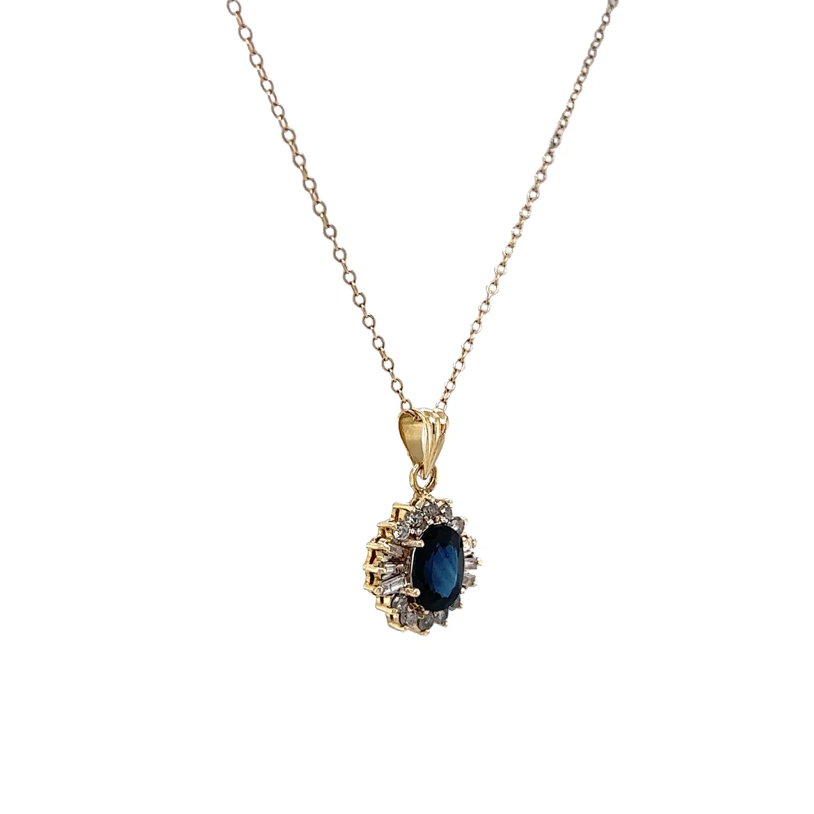 Oval Sapphire & Diamond Ballerina Halo Necklace in 14k Yellow Gold - Image 3