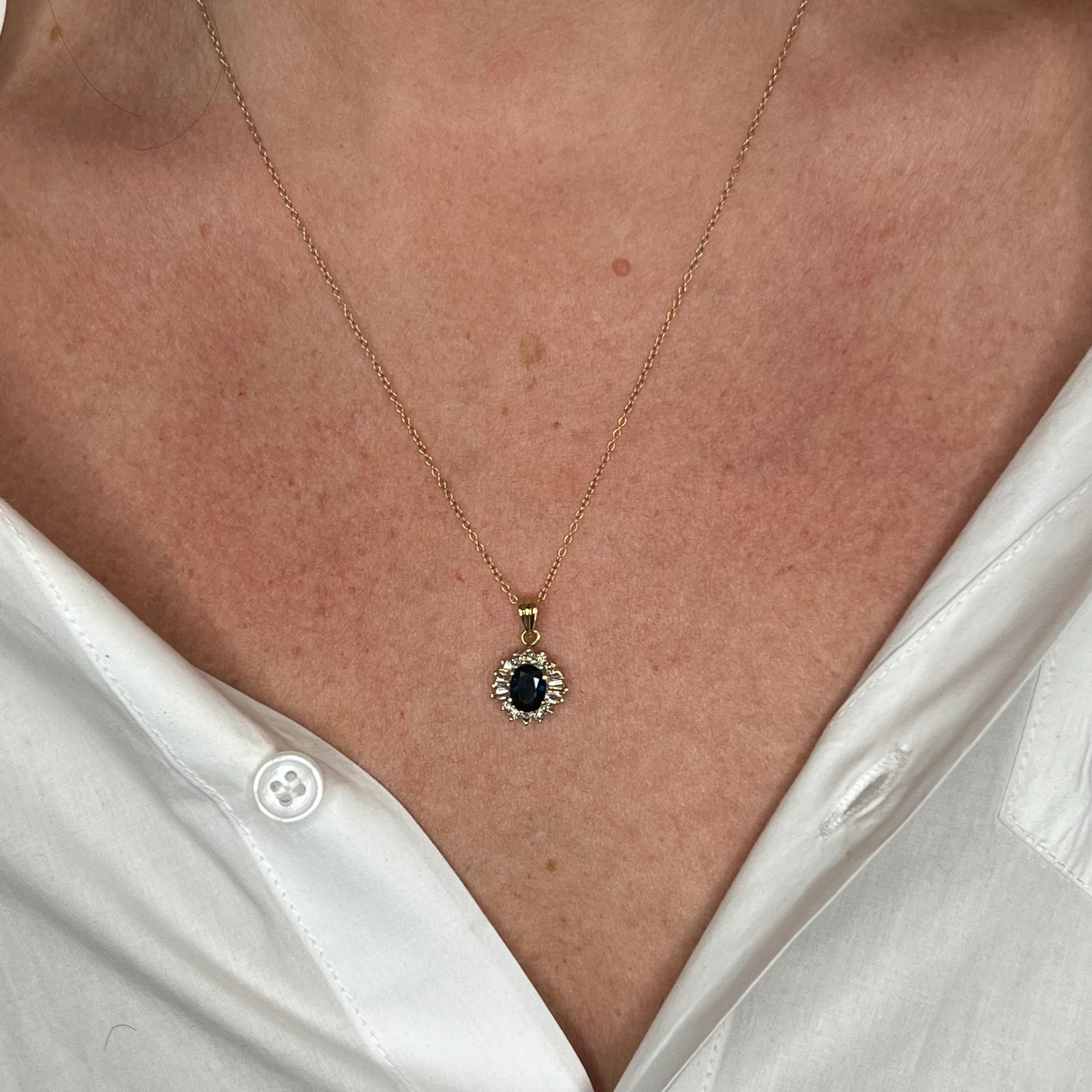 Oval Sapphire & Diamond Ballerina Halo Necklace in 14k Yellow Gold - Image 4