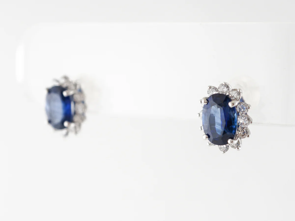 Oval Sapphire & Diamond Halo Earrings in Platinum - Image 2