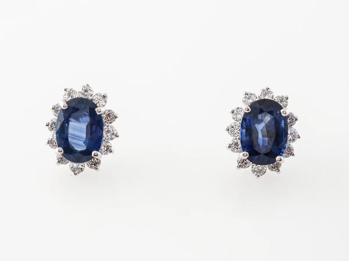 Oval Sapphire & Diamond Halo Earrings in Platinum - Image 4
