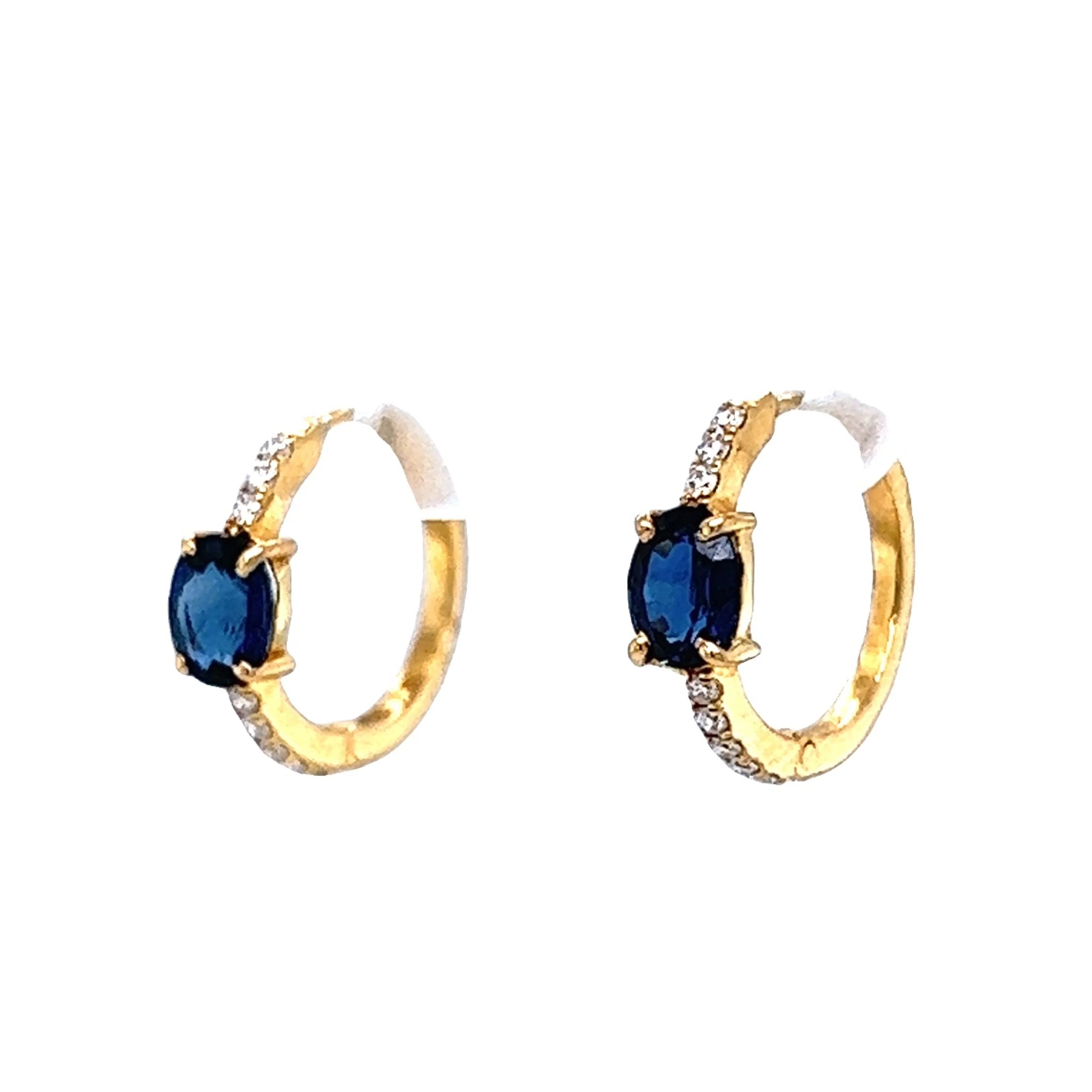 Oval Sapphire & Diamond Hoop Earrings in 14k Yellow Gold - Image 2