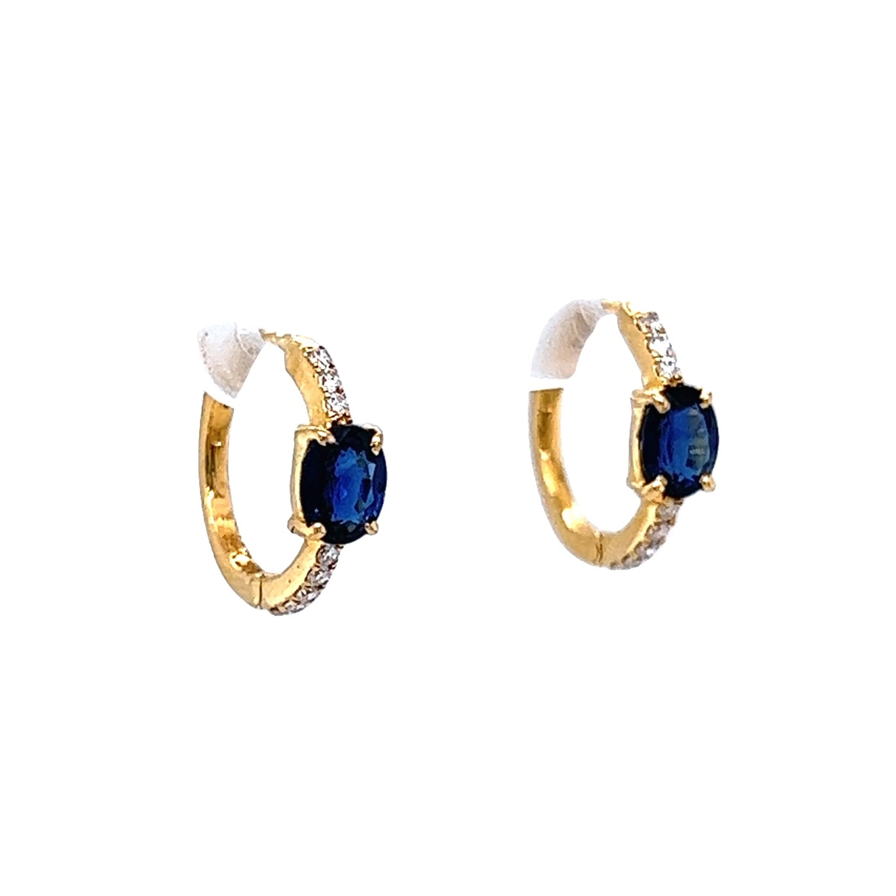 Oval Sapphire & Diamond Hoop Earrings in 14k Yellow Gold - Image 3