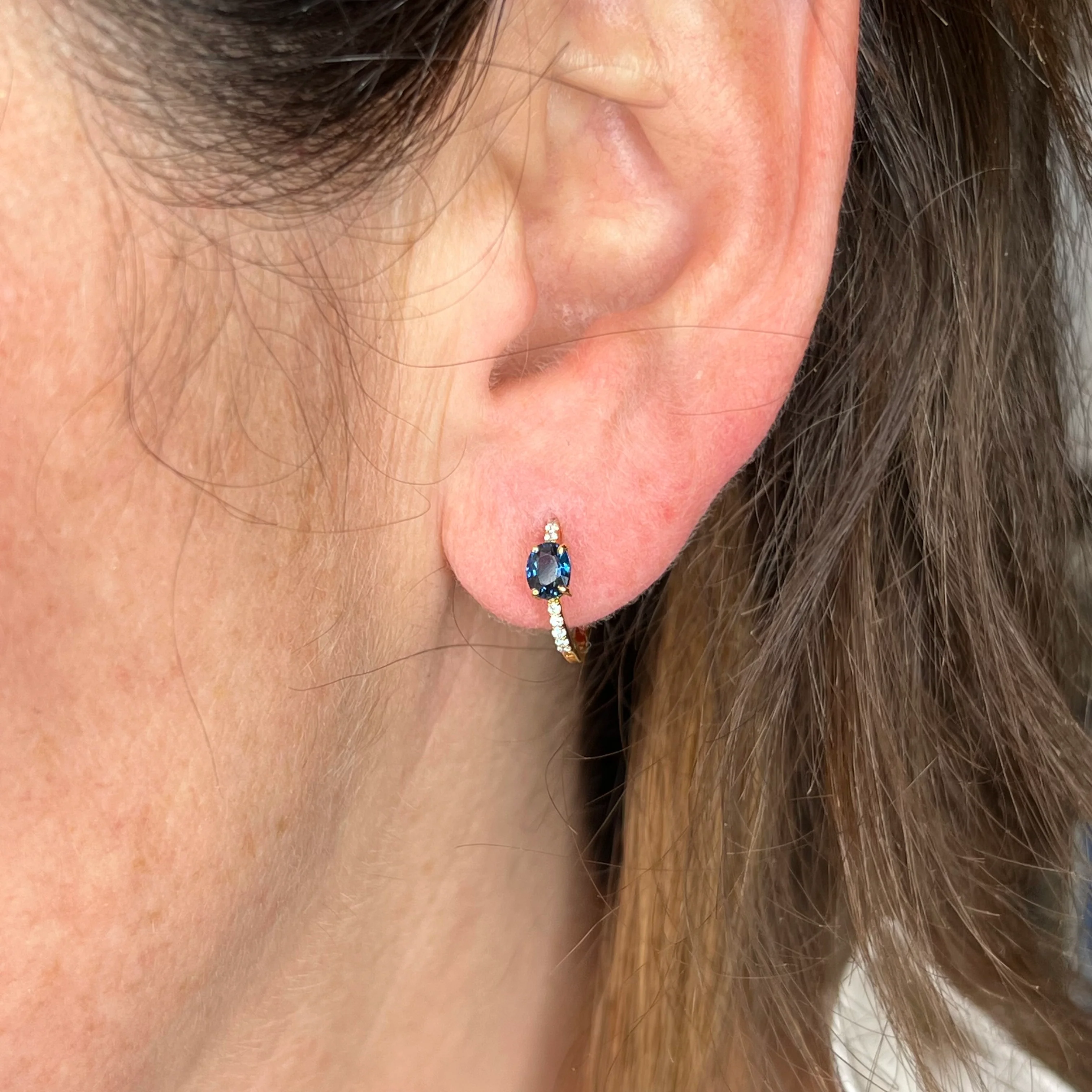 Oval Sapphire & Diamond Hoop Earrings in 14k Yellow Gold - Image 4