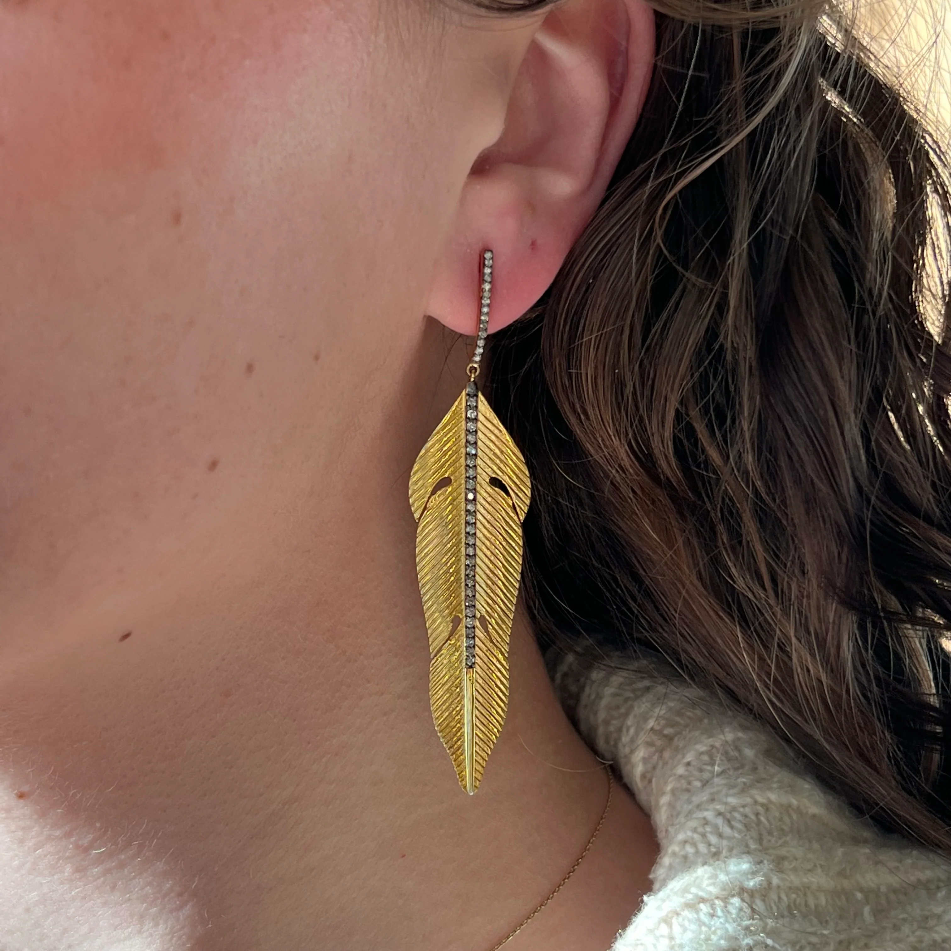 Oversized Diamond Vermeil Leaf Drop Earrings - Image 4