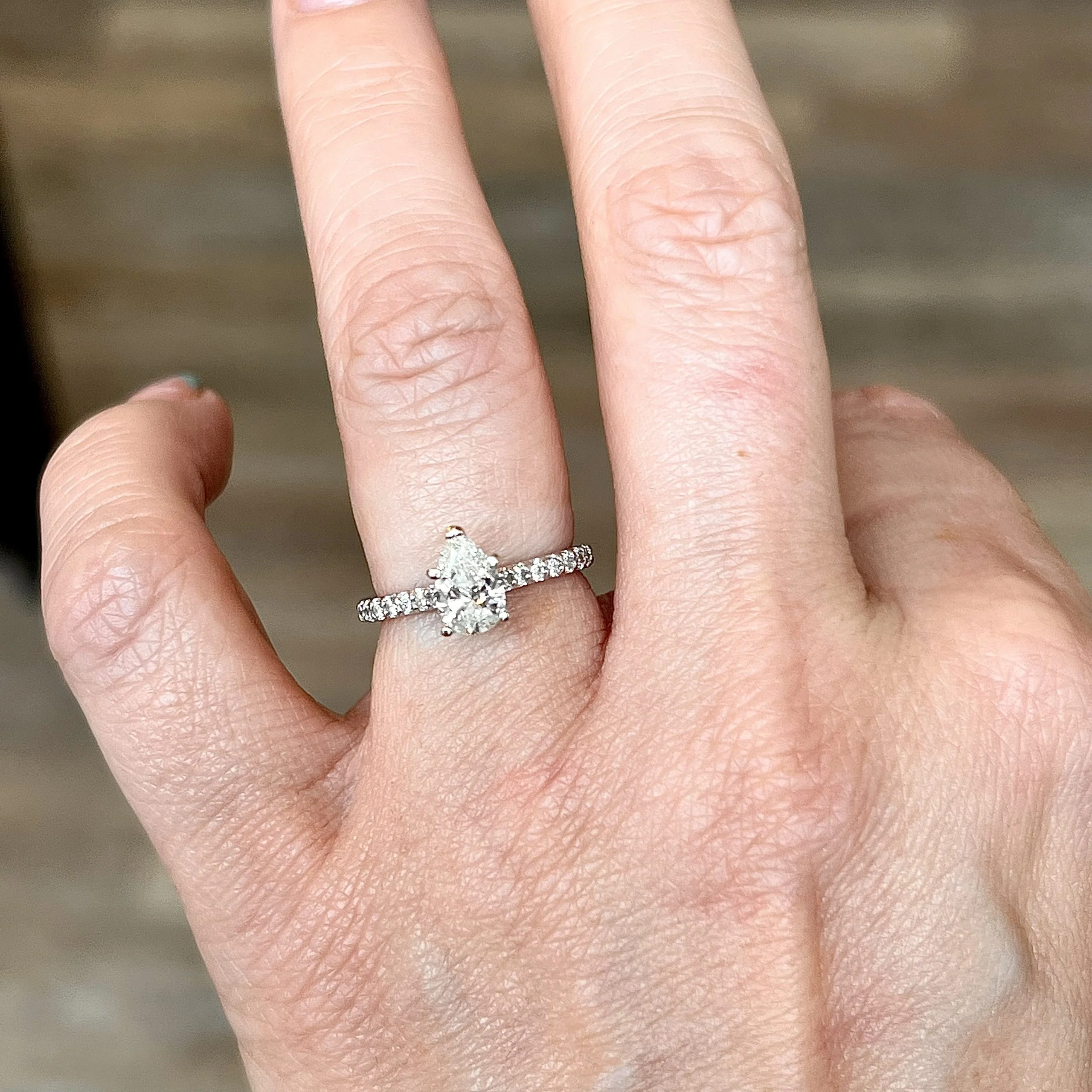 Pave Band Pear Cut Diamond Engagement Ring in 14k White Gold - Image 6