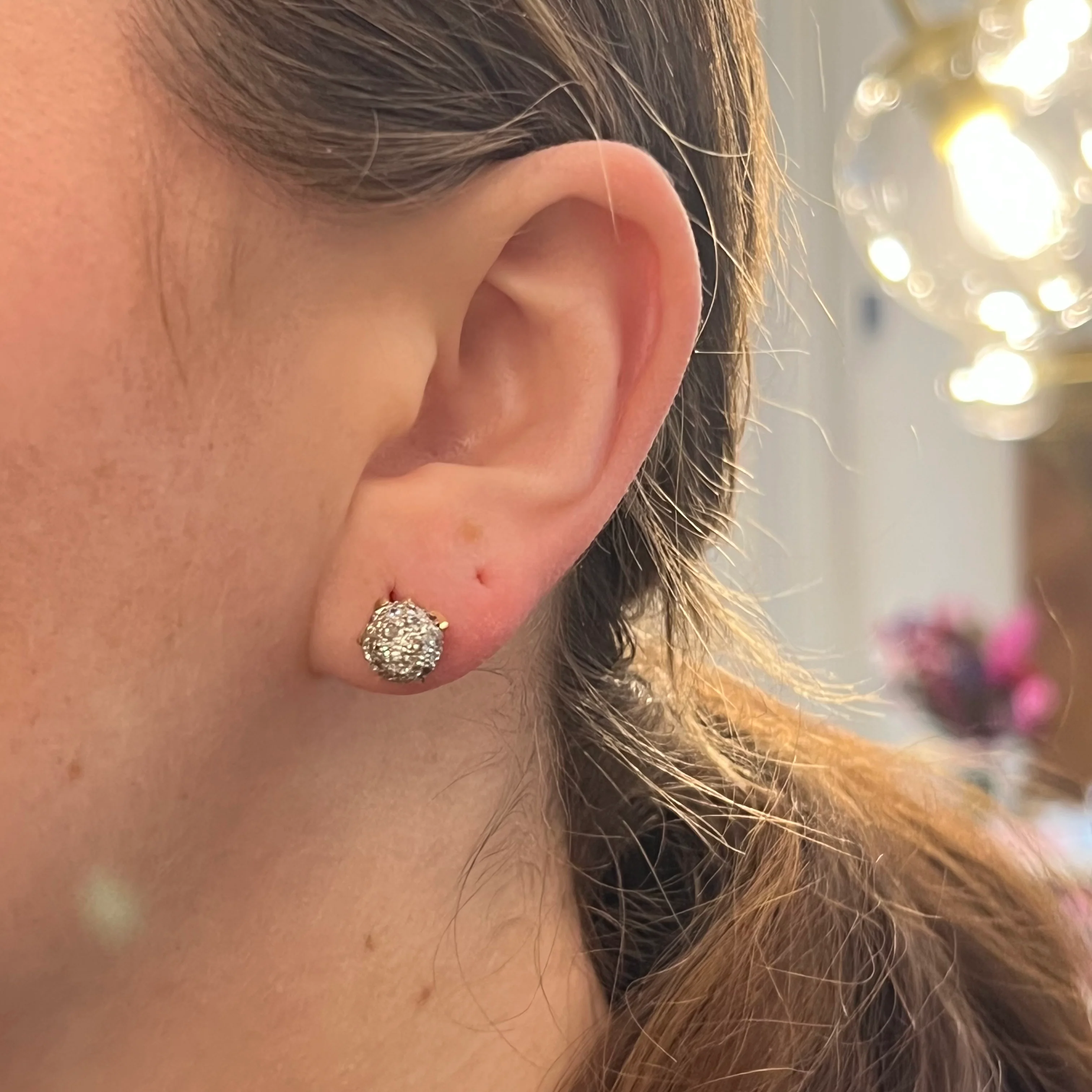 Pave Diamond Ball Stud Earrings in 18k Gold & Platinum - Image 4