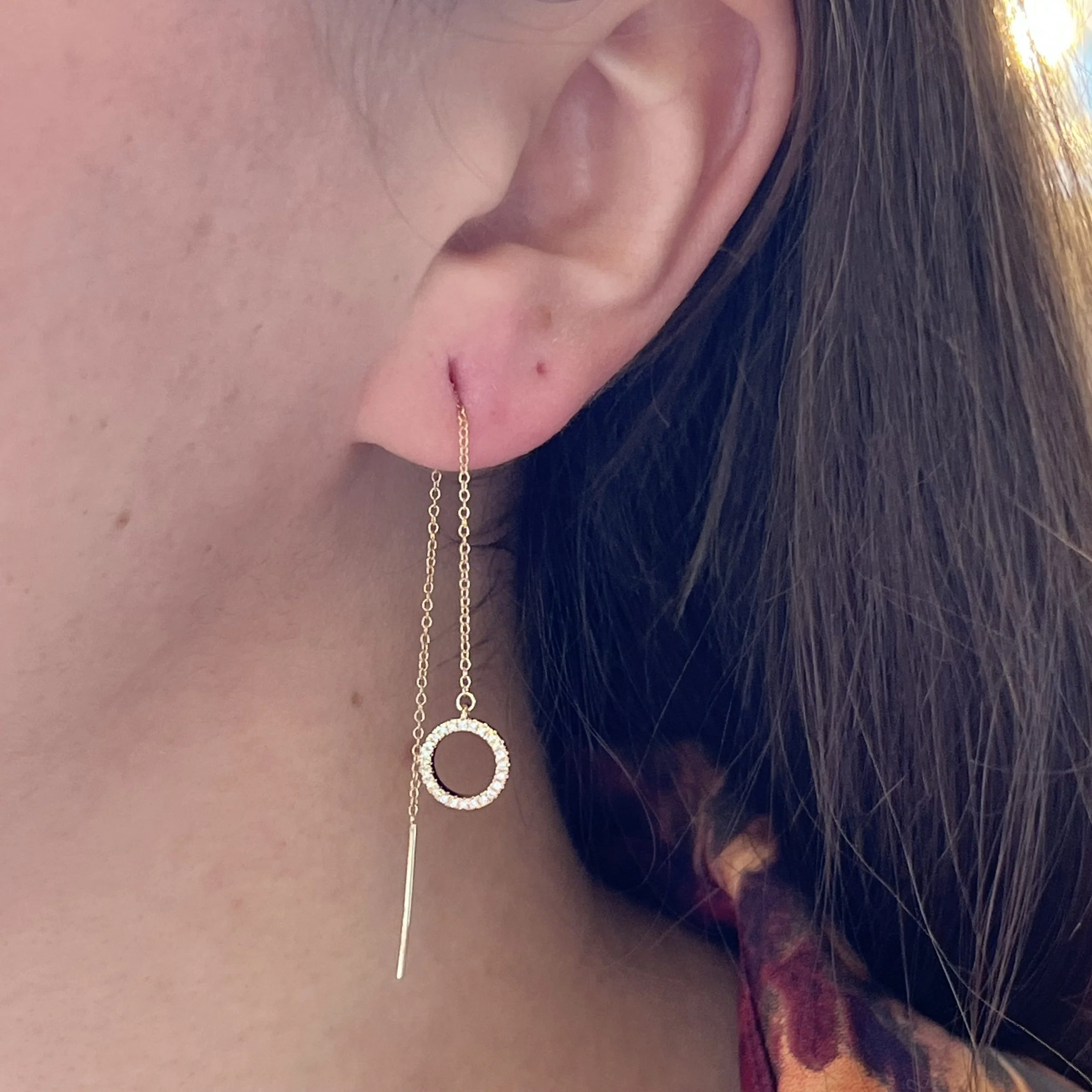 Pave Diamond Circle Threader Earrings in 14k Yellow Gold - Image 5