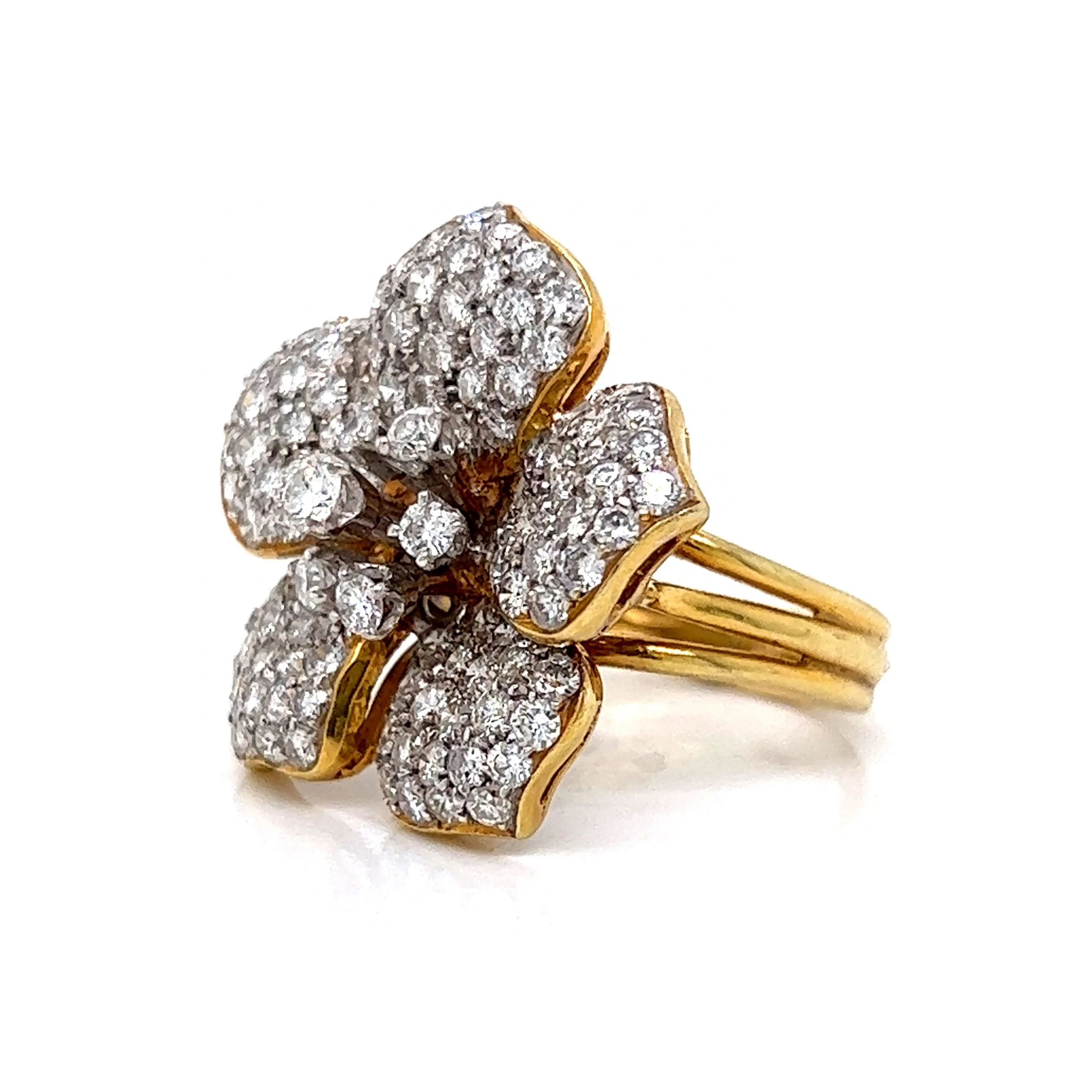 Pave Diamond Flower Cocktail Ring 18k Yellow & White Gold - Image 2