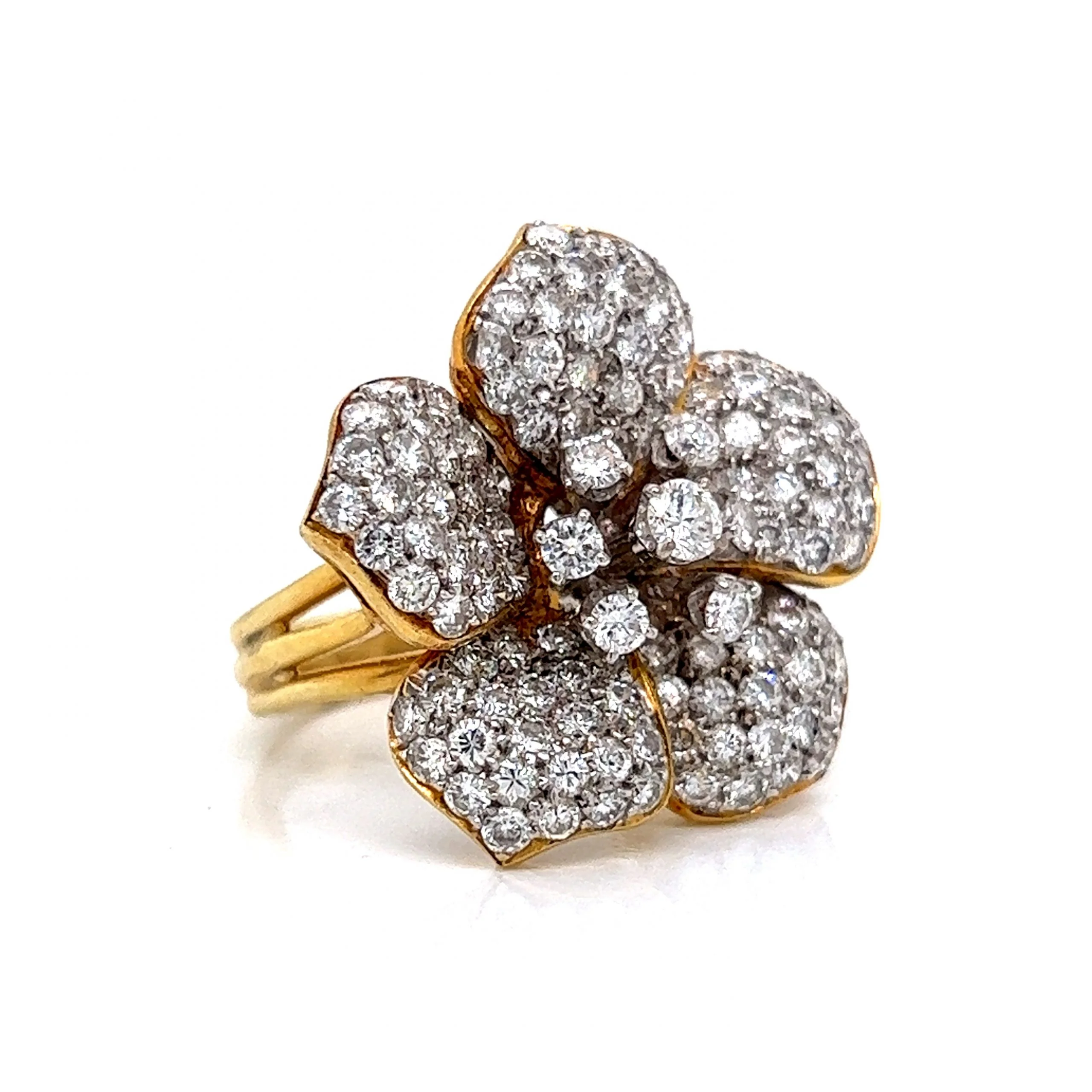 Pave Diamond Flower Cocktail Ring 18k Yellow & White Gold - Image 3