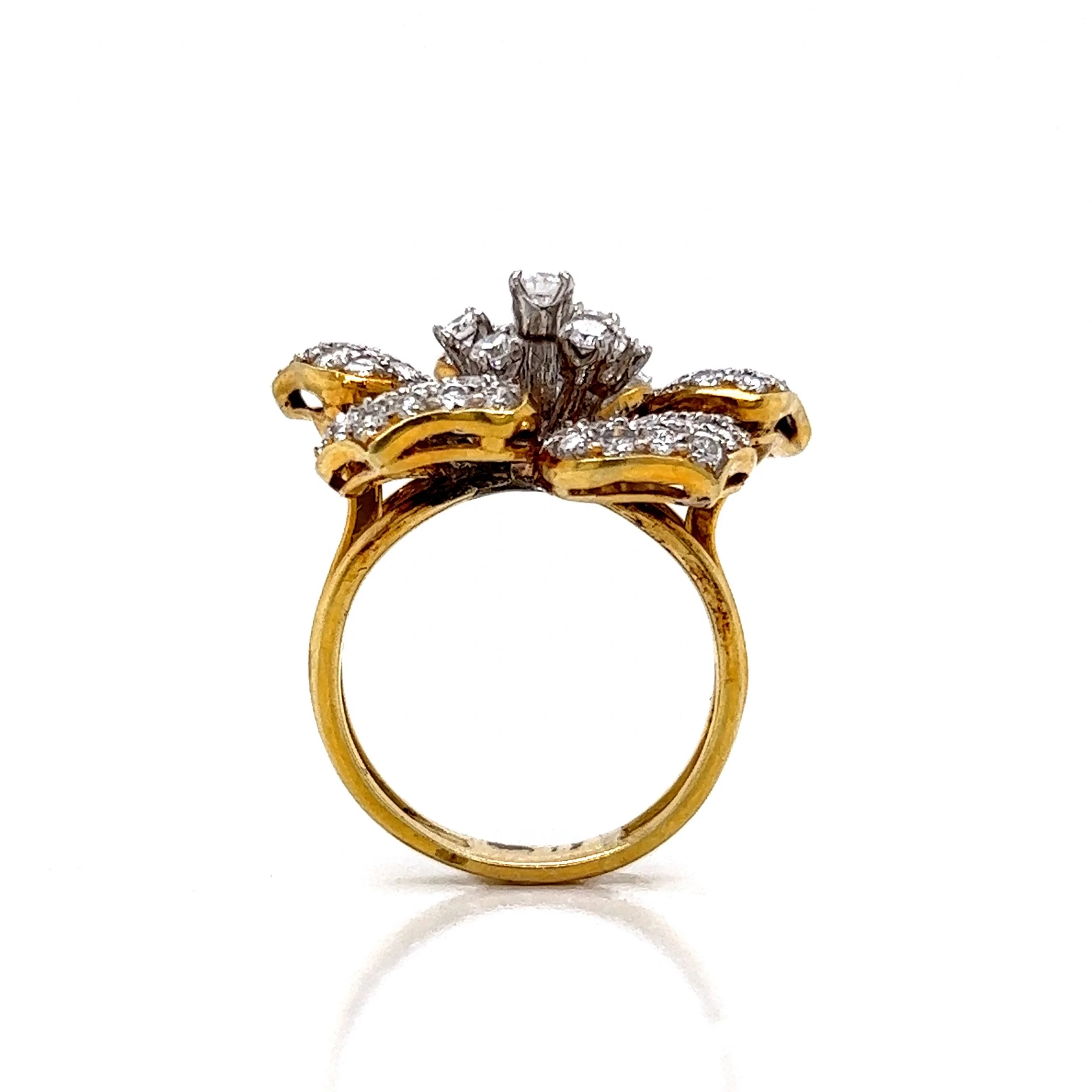 Pave Diamond Flower Cocktail Ring 18k Yellow & White Gold - Image 4