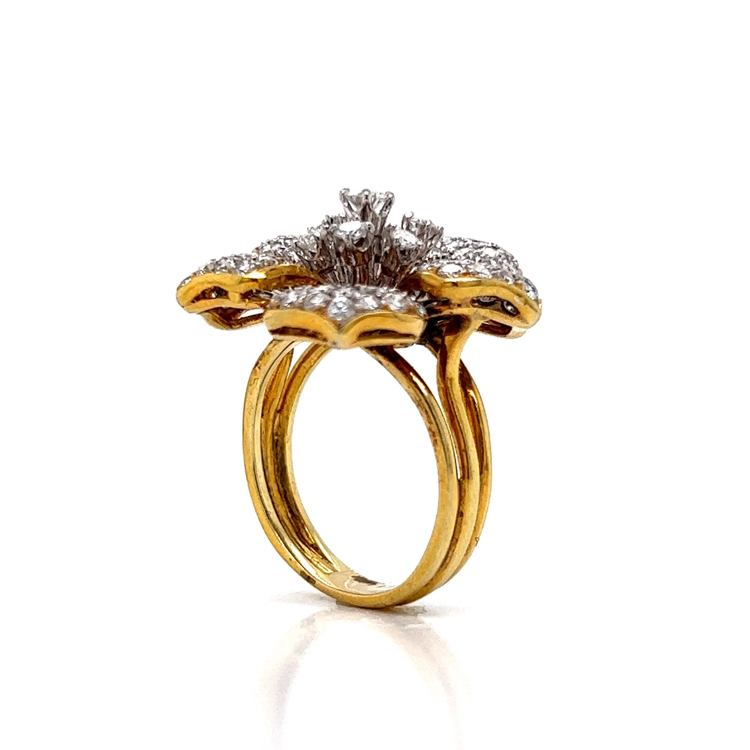 Pave Diamond Flower Cocktail Ring 18k Yellow & White Gold - Image 5