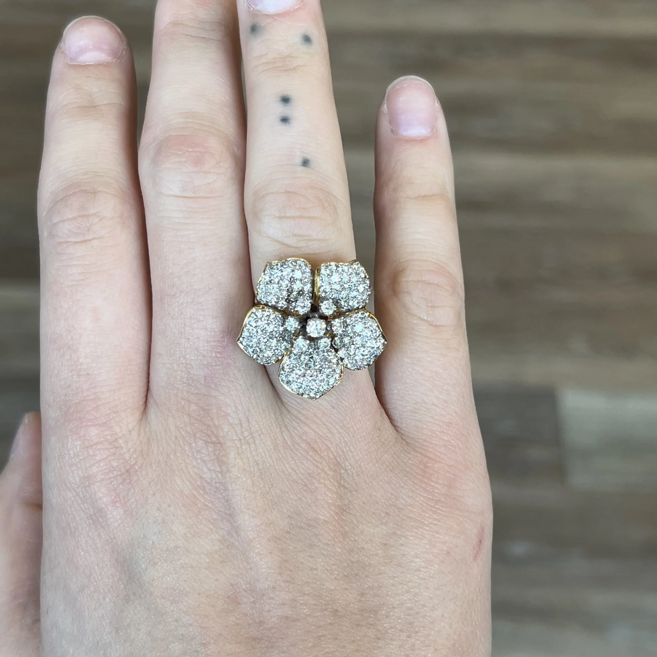 Pave Diamond Flower Cocktail Ring 18k Yellow & White Gold - Image 6