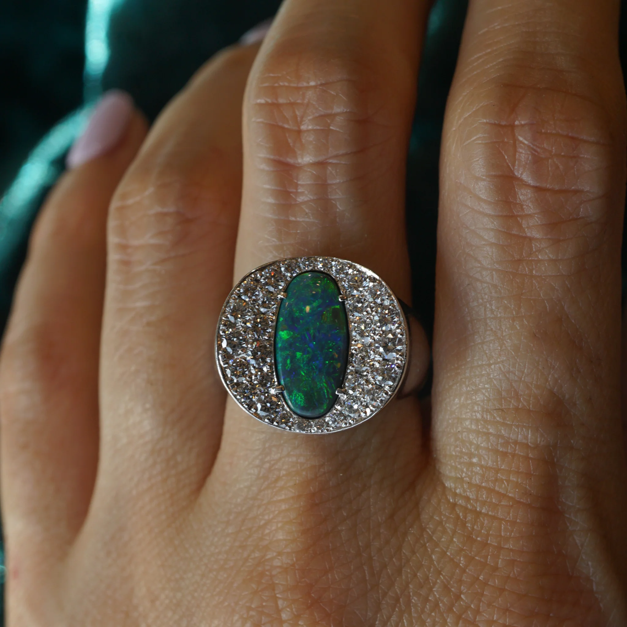 Pave Diamond & Opal Cocktail Ring in Platinum - Image 8