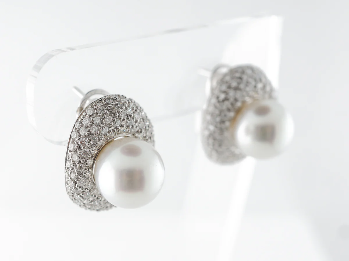 Pave Diamond & Pearl Earrings in Platinum - Image 3