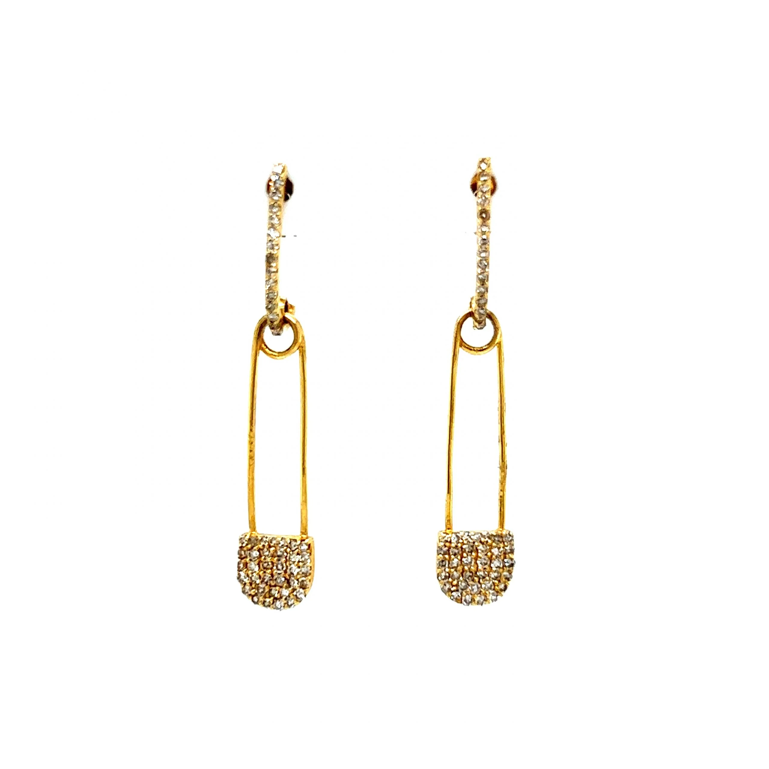 Pave Diamond Safety Pin Drop Earrings in 14k Yellow Gold