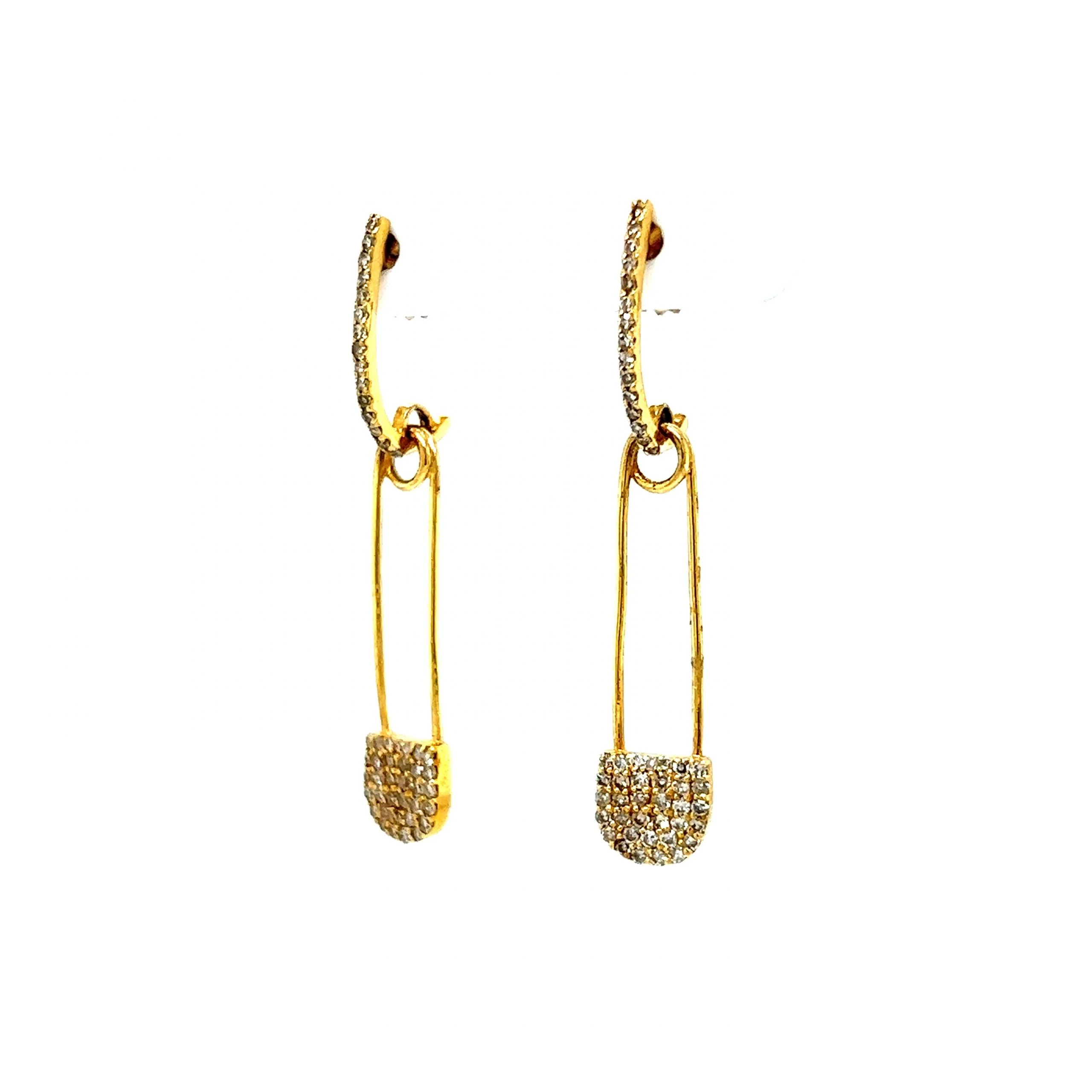 Pave Diamond Safety Pin Drop Earrings in 14k Yellow Gold - Image 2