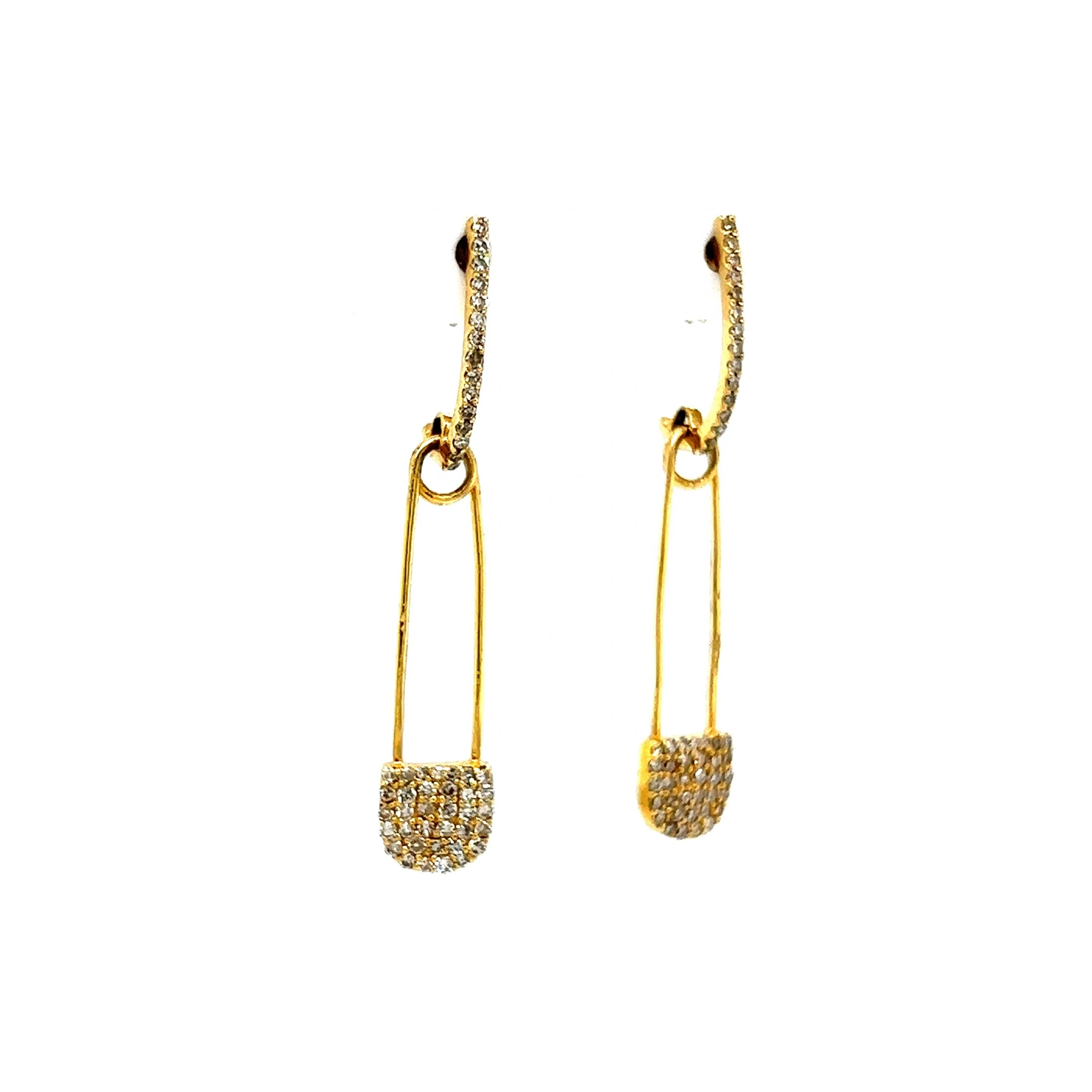 Pave Diamond Safety Pin Drop Earrings in 14k Yellow Gold - Image 3
