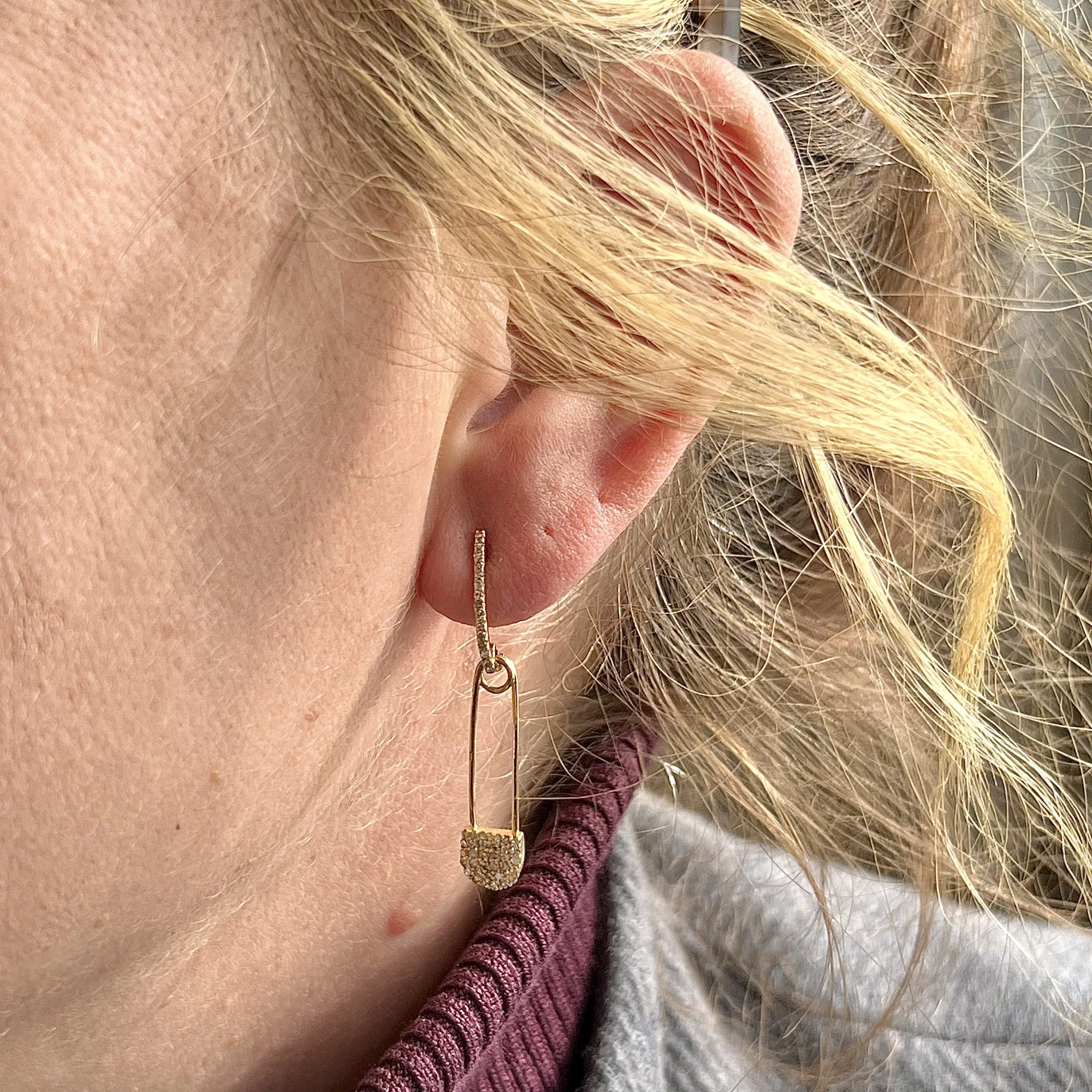 Pave Diamond Safety Pin Drop Earrings in 14k Yellow Gold - Image 4