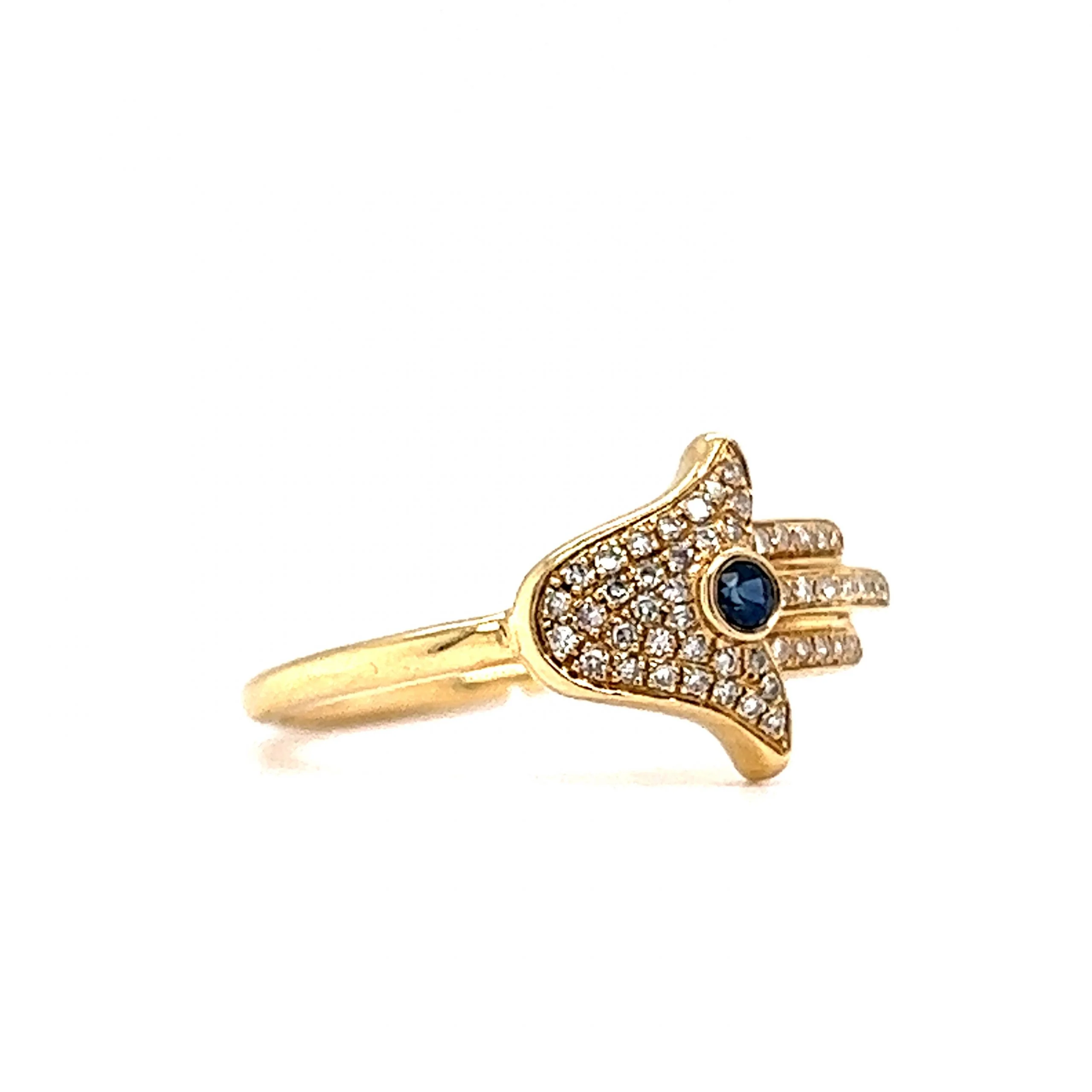 Pave Diamond & Sapphire Hamsa Hand Ring in 14k Yellow Gold - Image 3