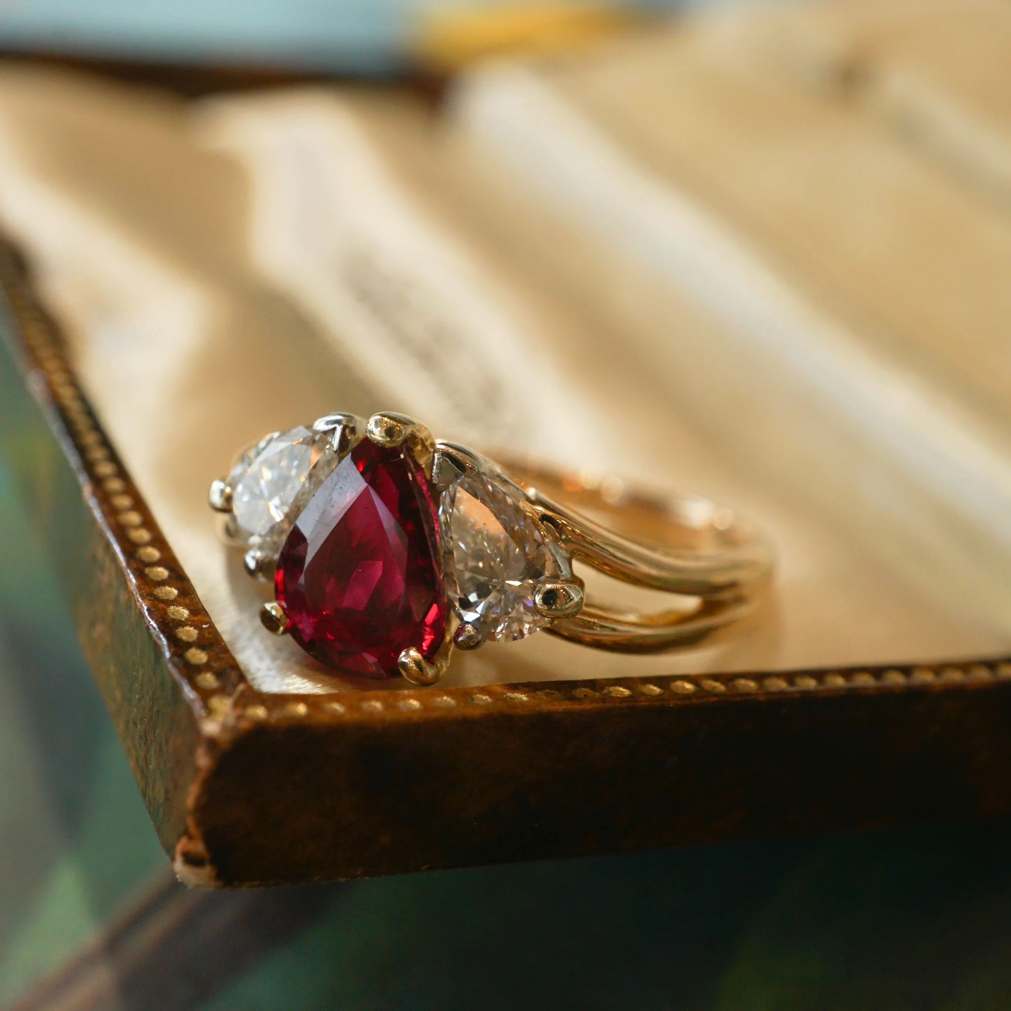 Pear Cut Ruby Engagement Ring in 18k Gold & Platinum - Image 6